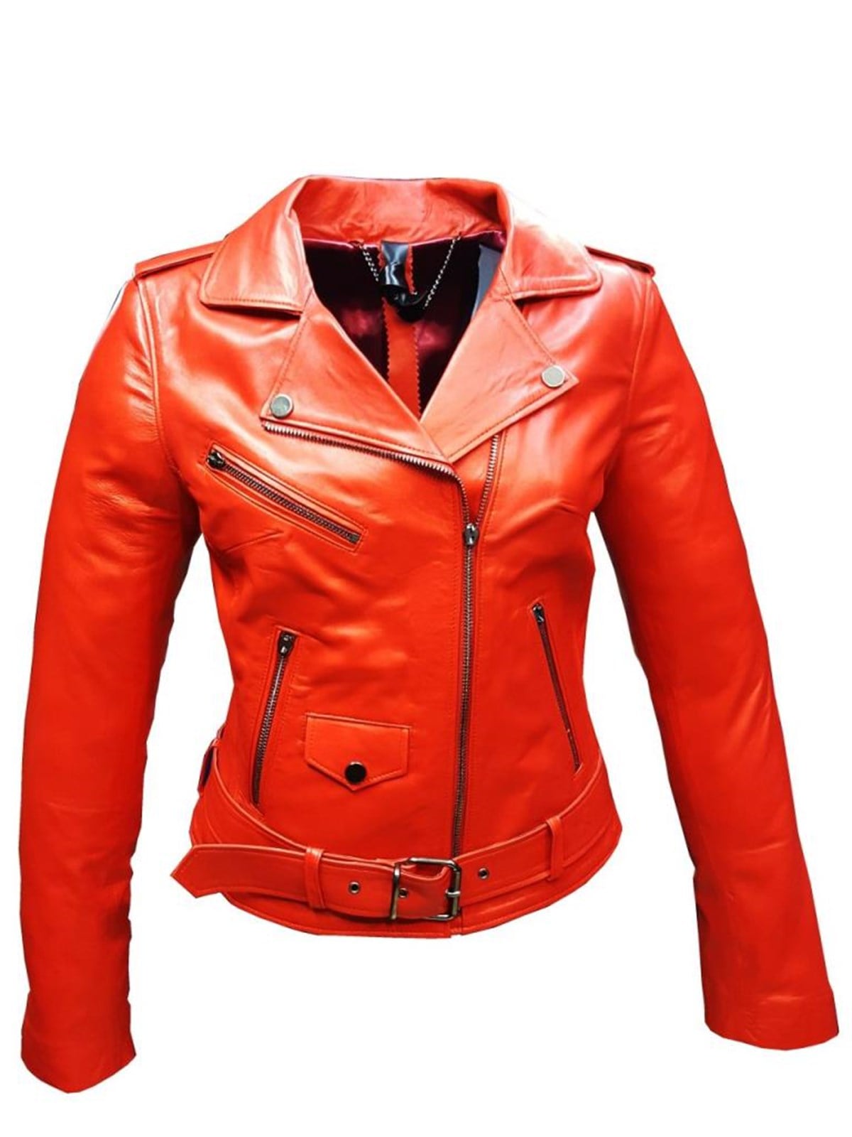 Hakiki Kuzu Derisi Kırmızı Cep Fermuarlı Kadın Ceket