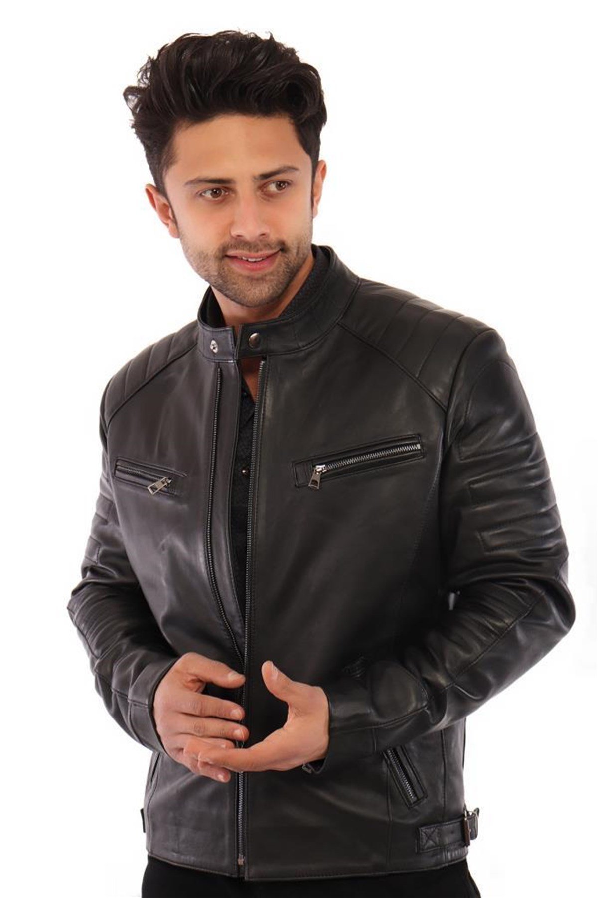Hakiki Deri Siyah Erkek Deri Mont Yandan Kemer Detaylı Dört Cepli Deri Ceket
