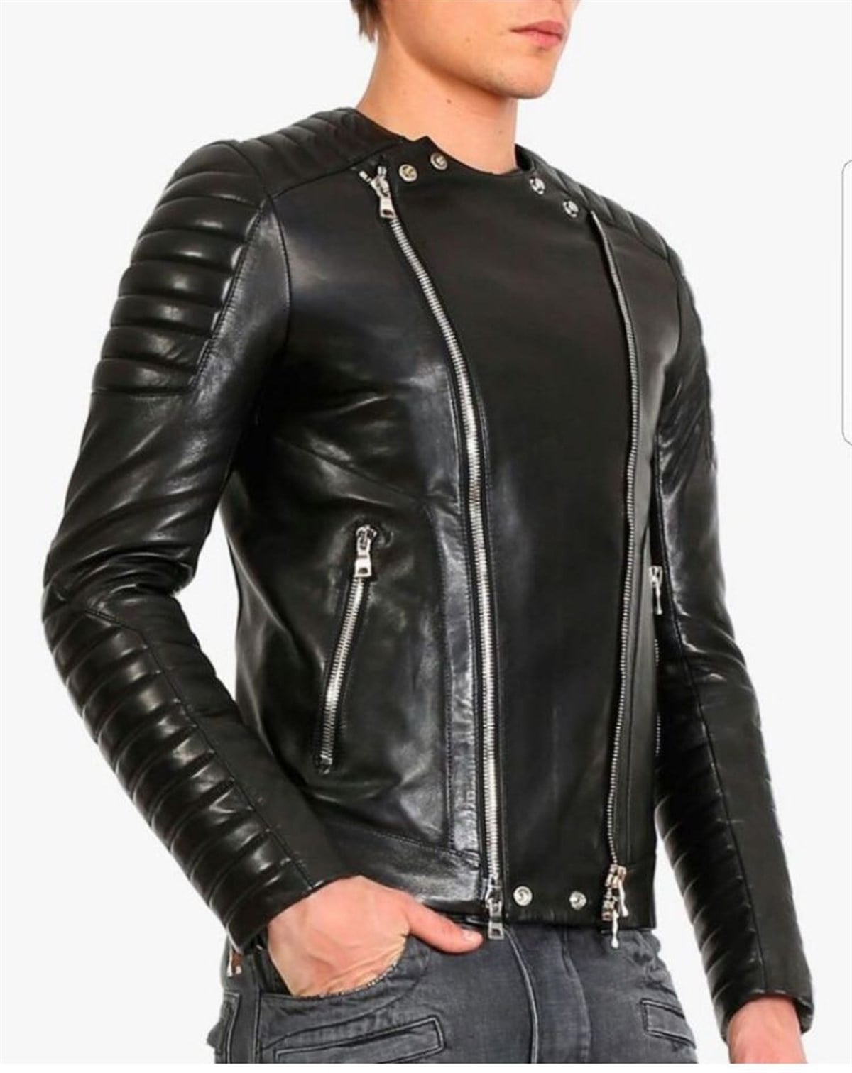 Hakiki Deri Siyah Çift Fermuarlı Erkek Deri Ceket