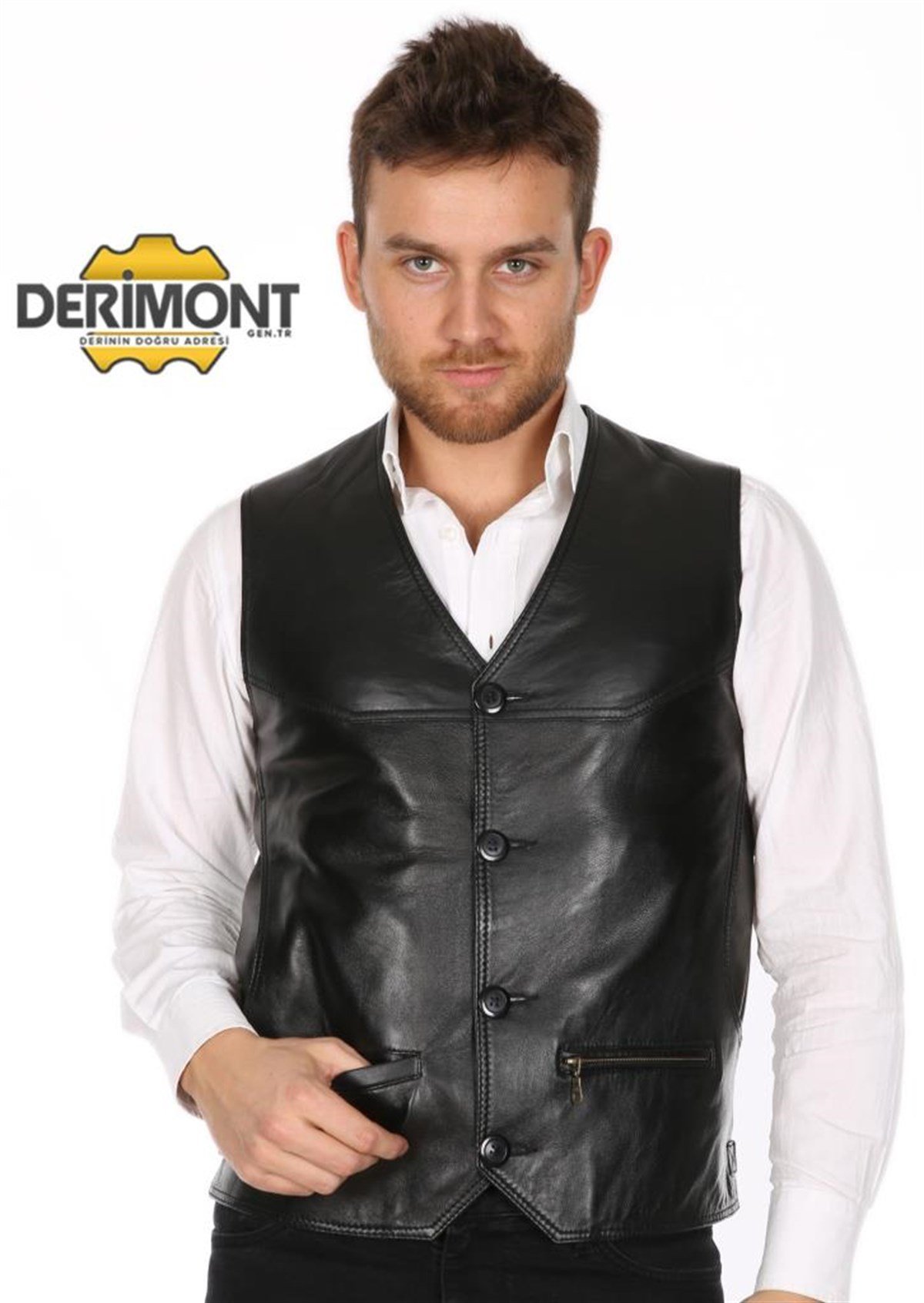 Hakiki Deri Siyah Casual Düğmeli Erkek Deri Yelek