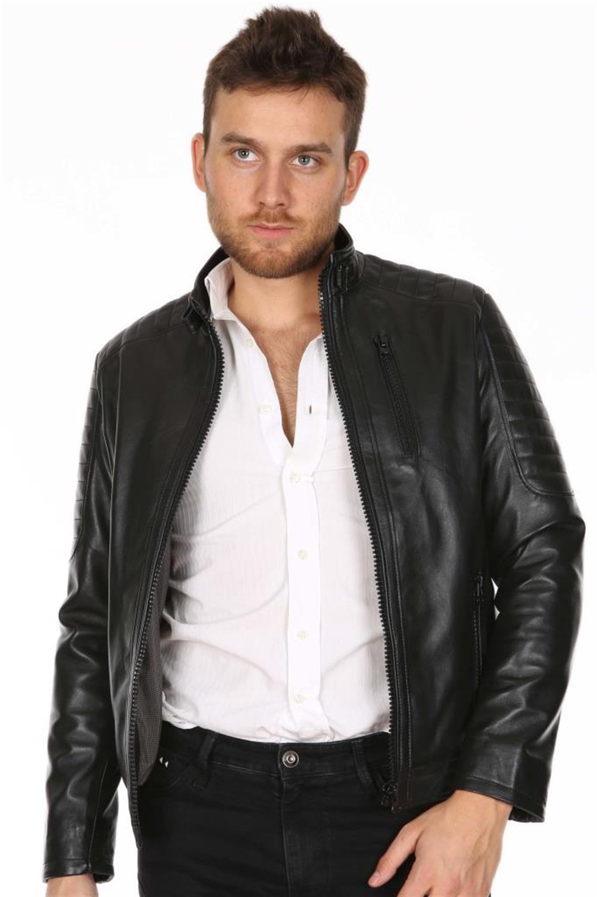 Hakiki Deri Siyah Erkek Deri Mont Hakim Yaka Fermuarlı Deri Ceket