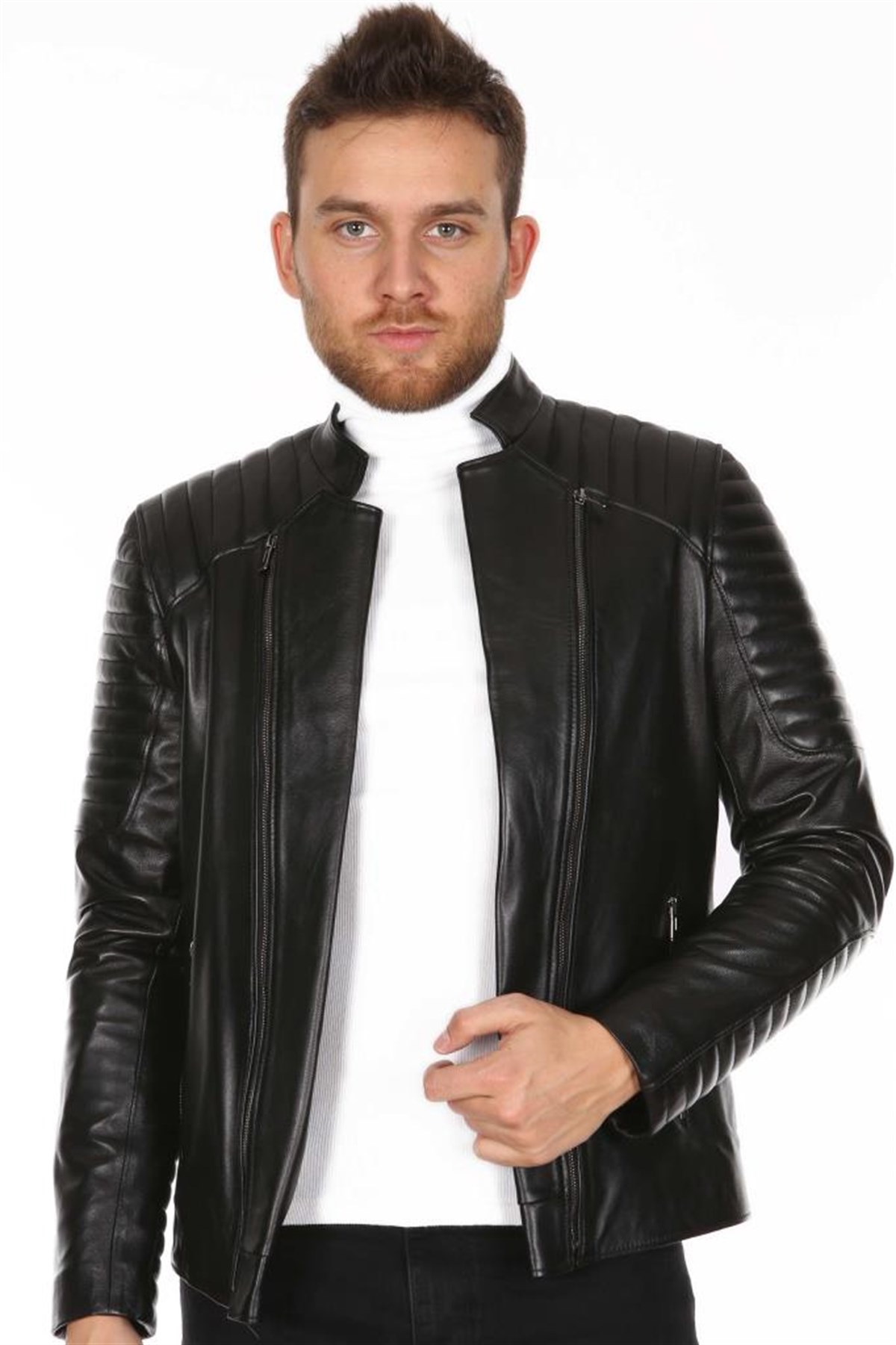 Hakiki Deri Siyah Çift Fermuarlı Spor Erkek Deri Ceket