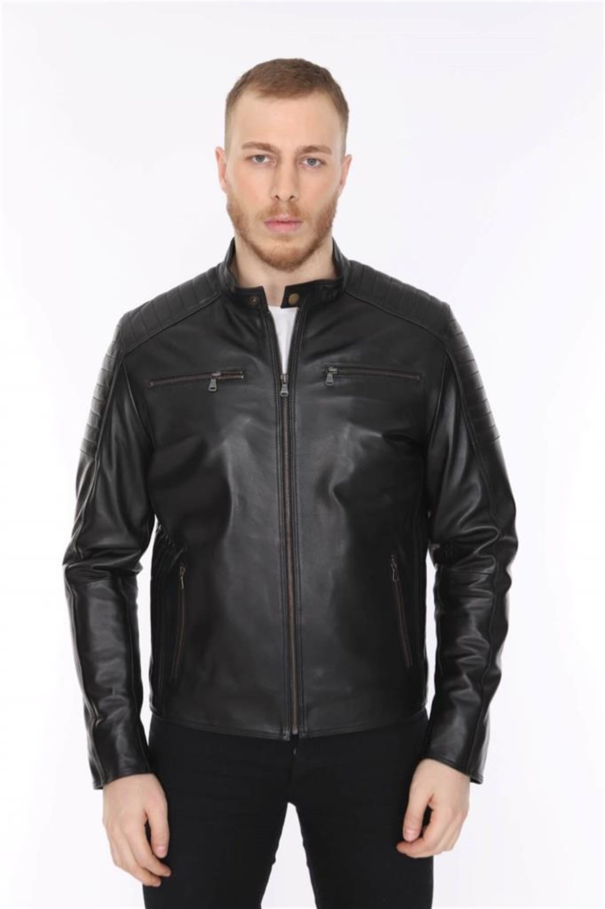 Hakiki Deri Siyah Paname Fermuarlı Erkek Deri Ceket