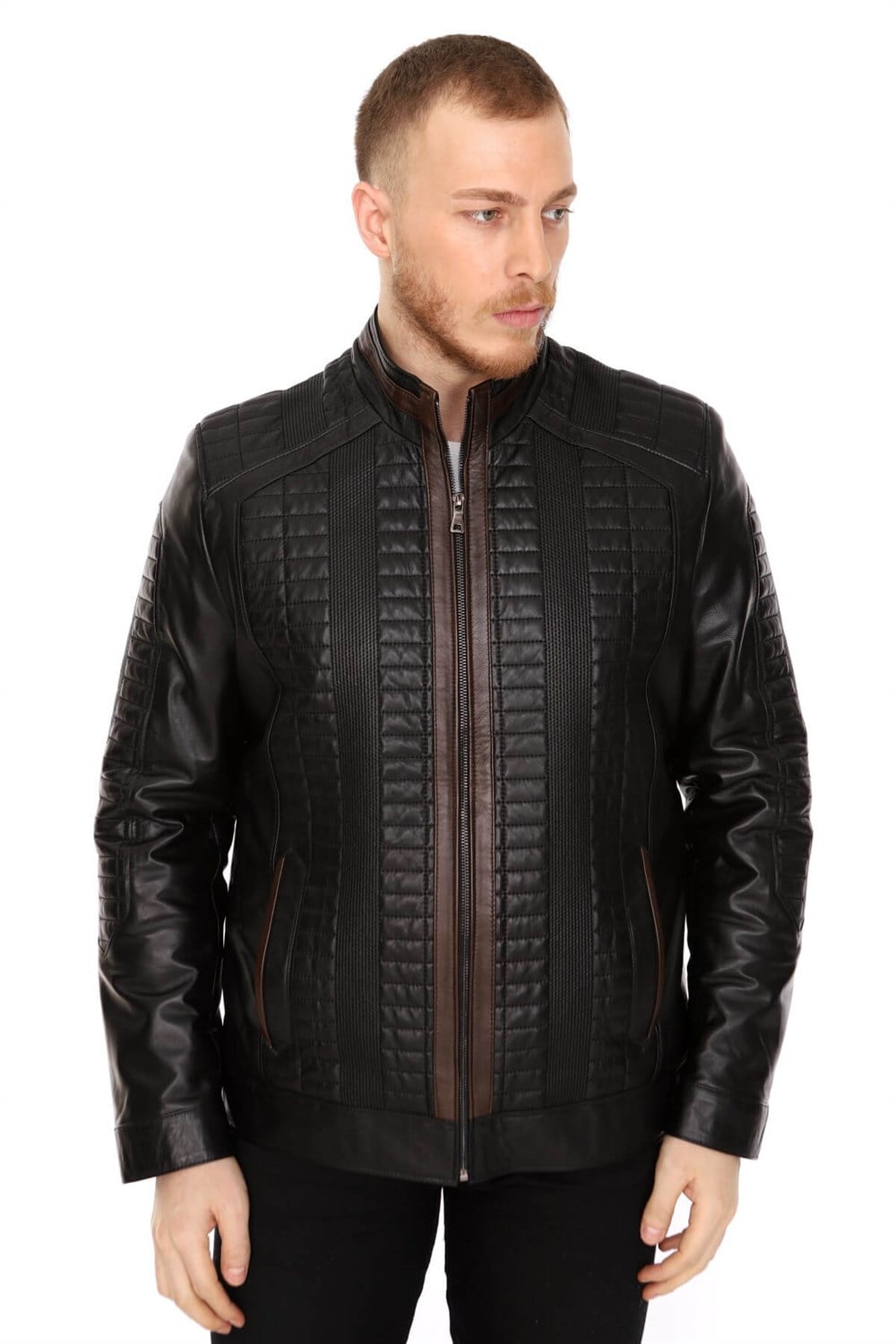 Erkek Deri Mont Siyah İşlemeli