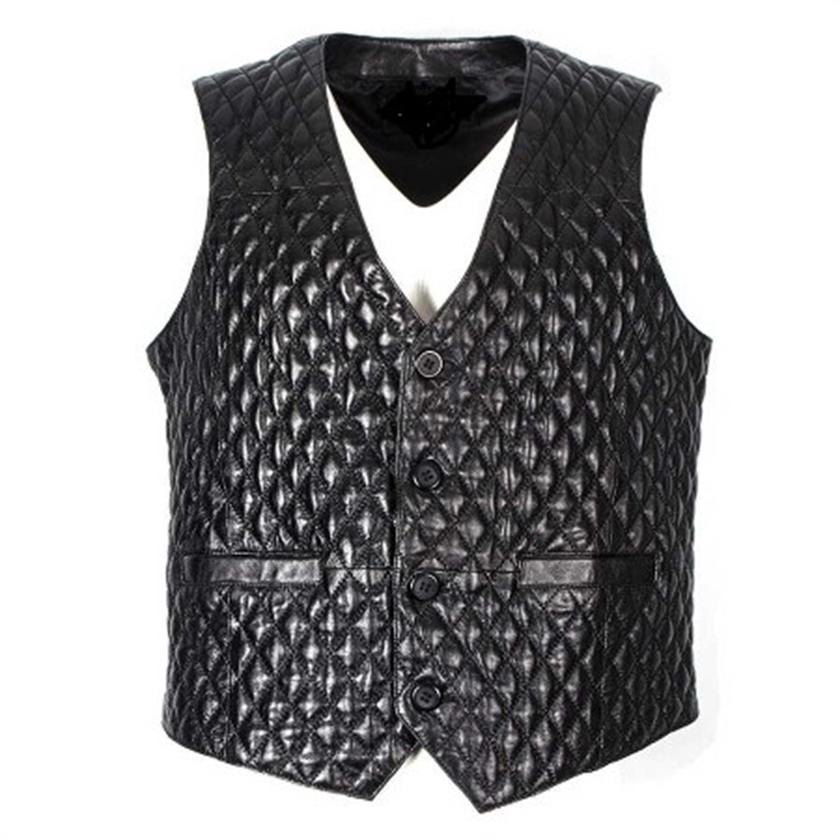 Hakiki Deri Siyah Düğmeli Baklava Desen Erkek Deri Yelek