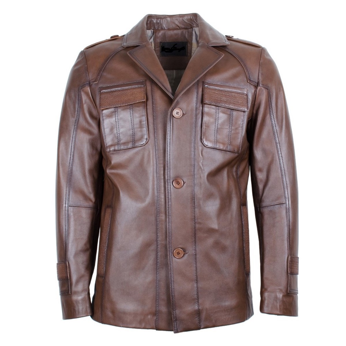 Hakiki Deri Kahverengi Leon Cep İşlemeli Erkek Deri Ceket