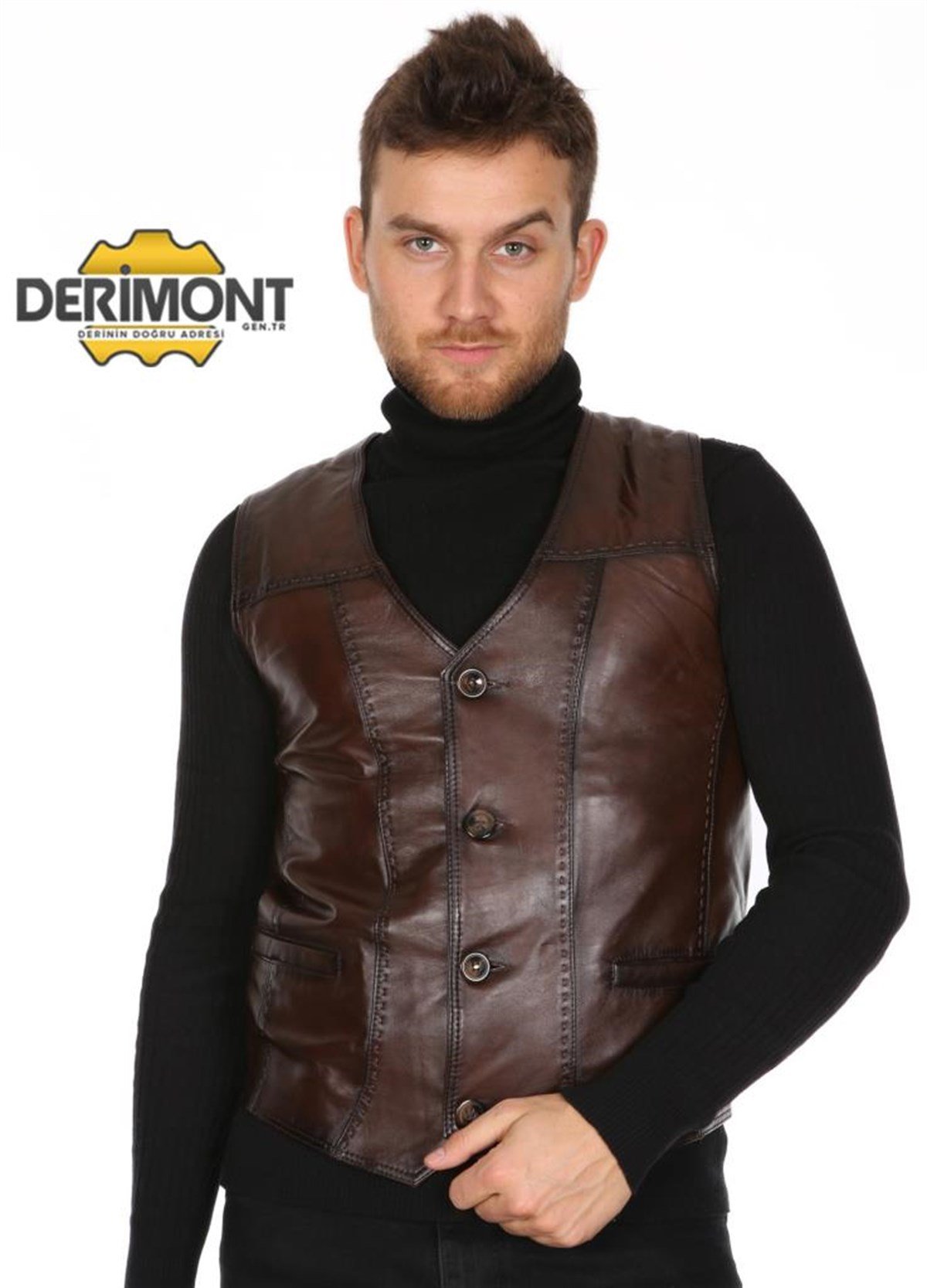 Hakiki Deri Kahverengi İşlemeli Erkek Deri Yelek