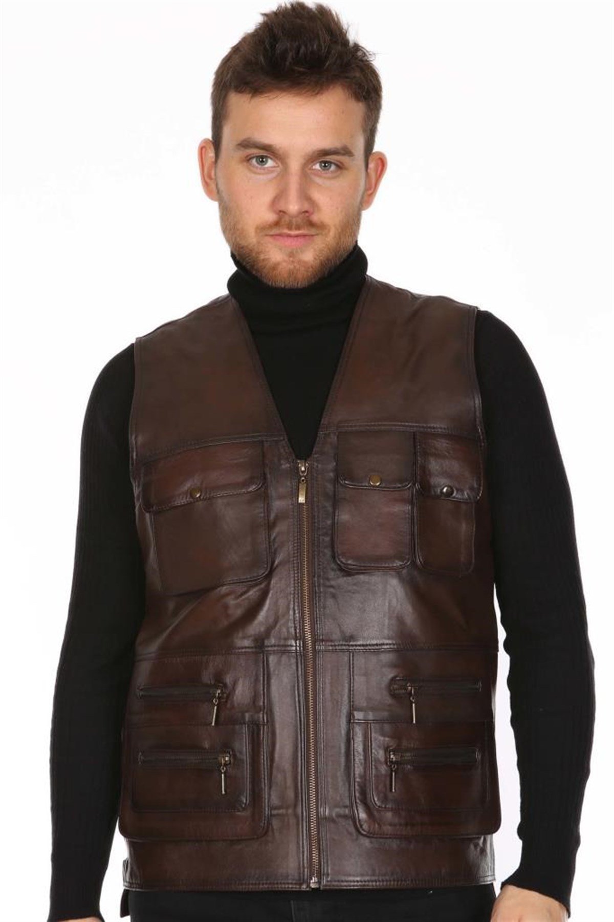 Hakiki Deri Kahverengi Harrington Fermuarlı Erkek Deri Yelek