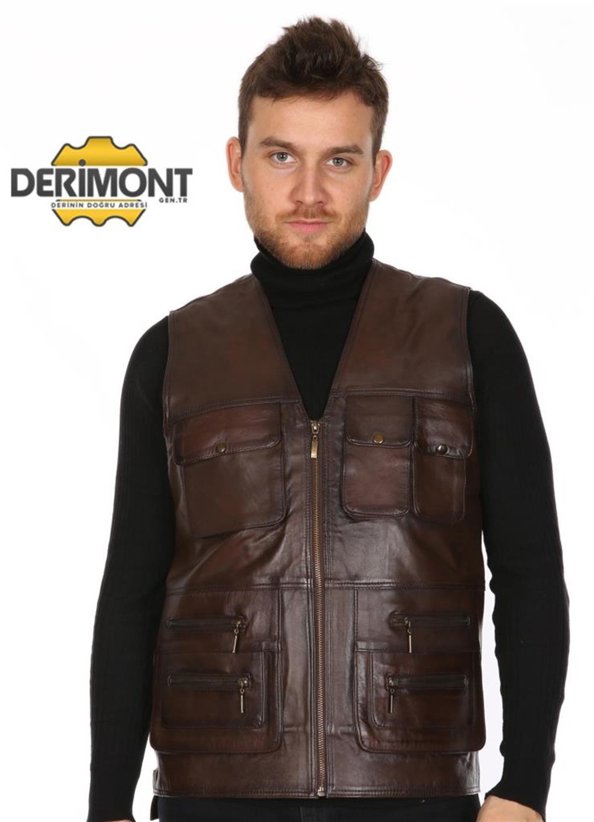 Hakiki Deri Kahverengi Avcı Erkek Deri Yelek