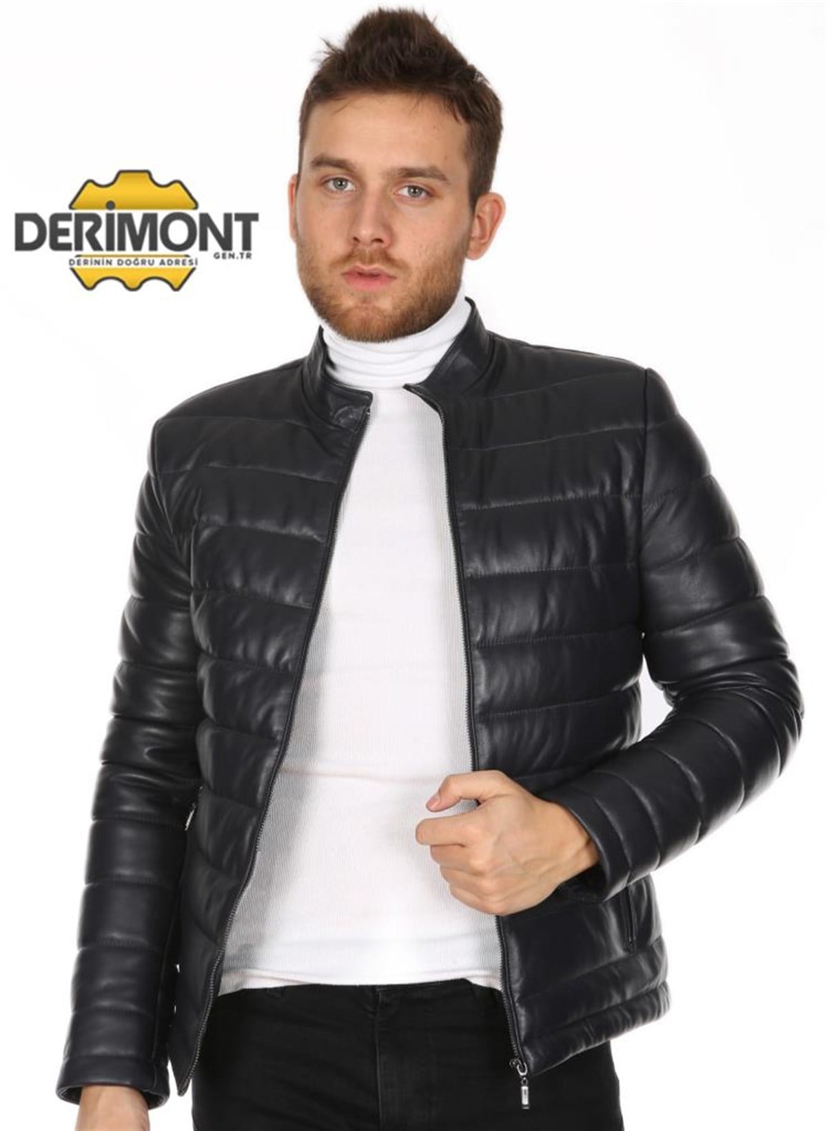 Hakiki Deri Lacivert Erkek Deri Mont Şişme Desen Fermuarlı Deri Ceket