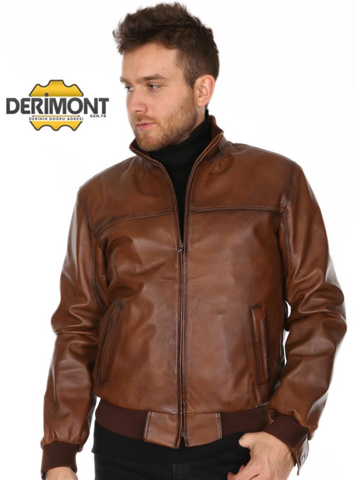 Hakiki Deri Kahverengi Bel Kol Lastikli Erkek Deri Ceket