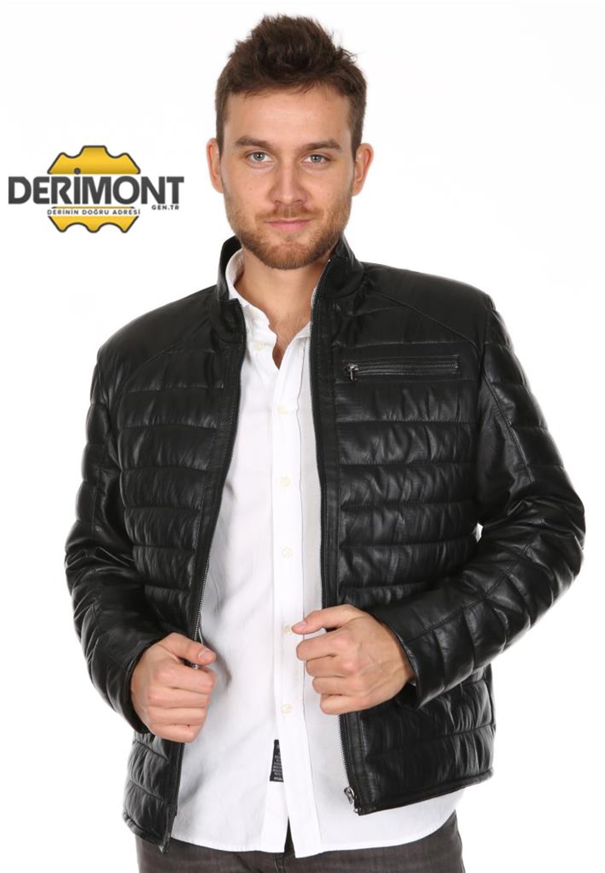 Hakiki Deri Siyah Spor Şişme Erkek Deri Ceket