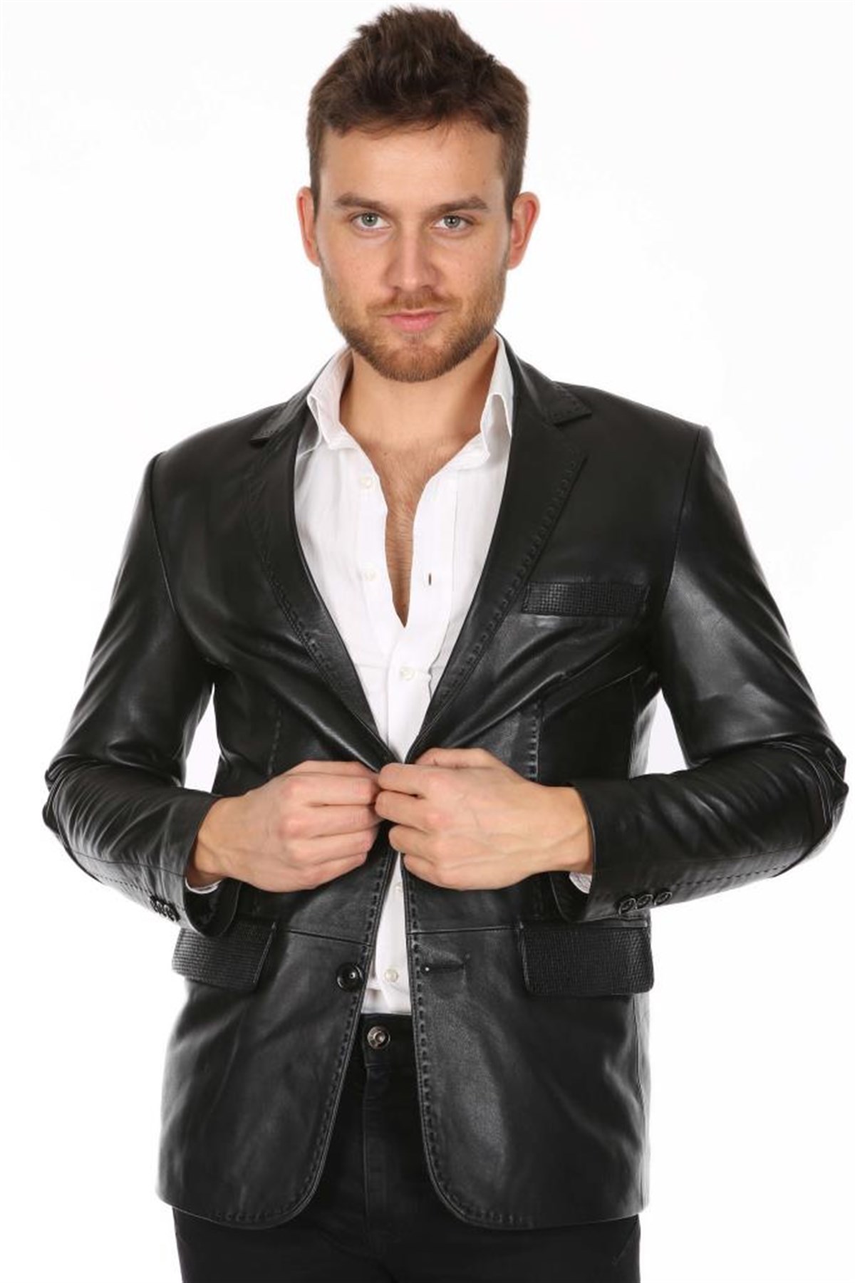 Hakiki Deri Siyah Düğmeli Erkek Deri Ceket