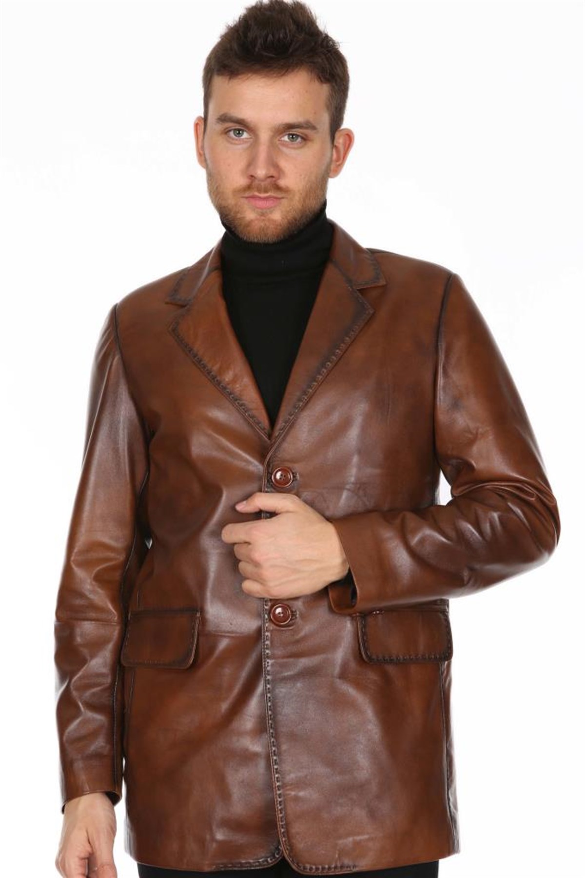 Hakiki Deri Taba Erkek Deri Mont Dikiş İşlemeli Düğmeli Deri Ceket