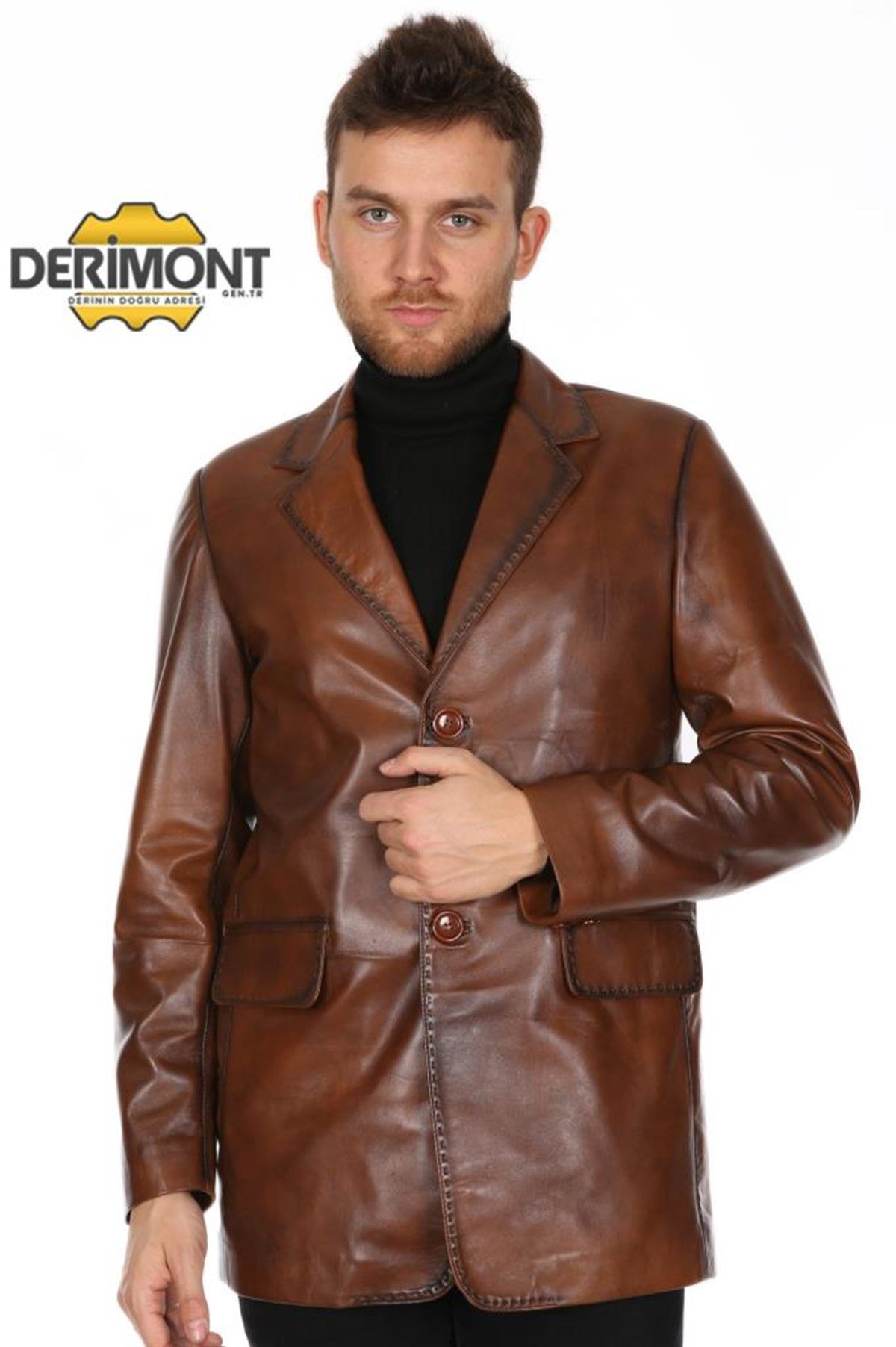 Hakiki Deri Taba Erkek Deri Mont Dikiş İşlemeli Düğme Detaylı Deri Ceket