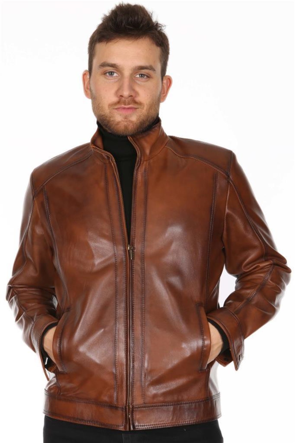 Hakiki Deri Taba Erkek Deri Mont Yandan Cepli Fermuarlı Deri Ceket