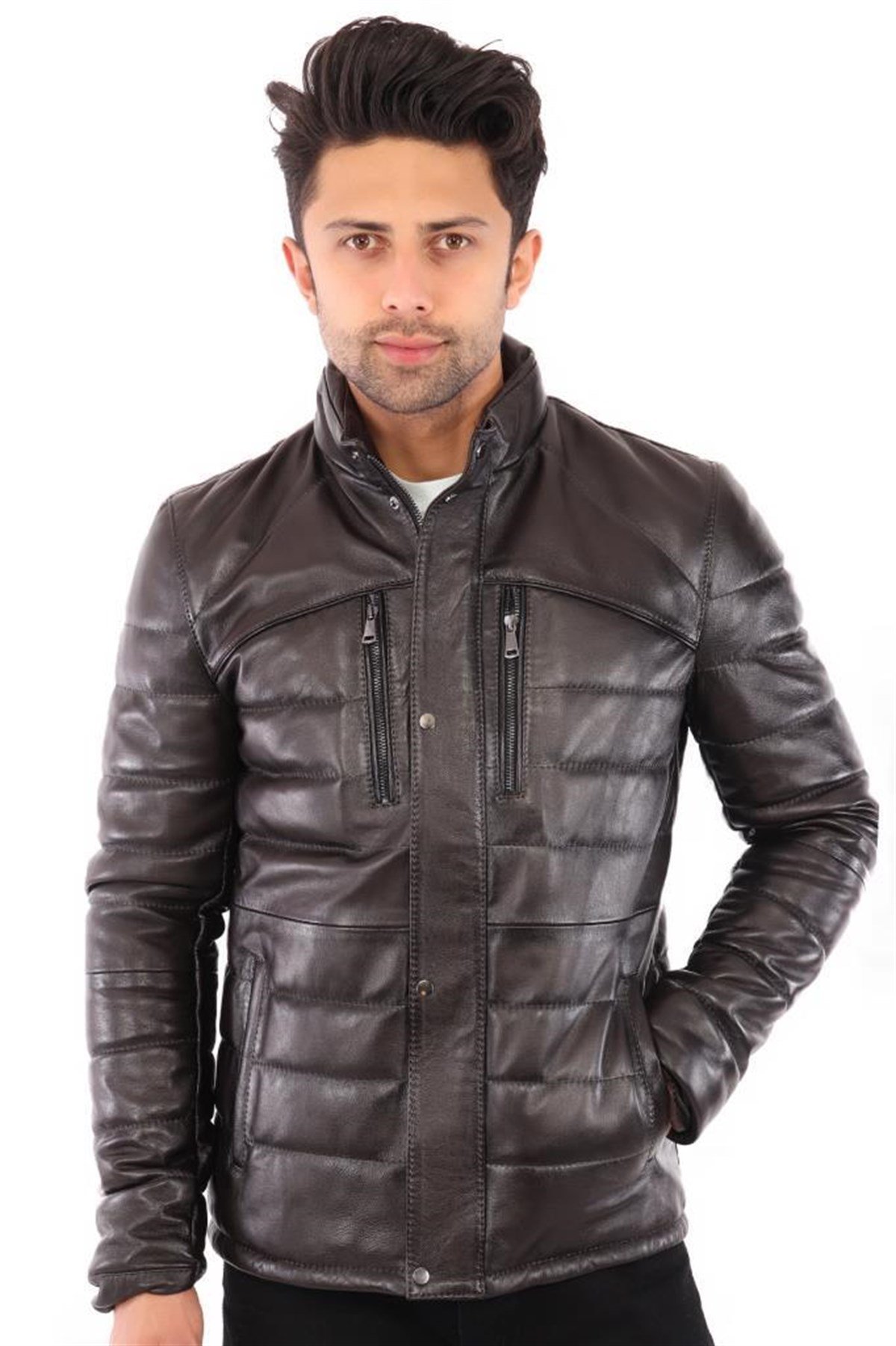 Hakiki Deri Kahverengi Erkek Deri Mont Çizgi Desenli Dört Cepli Deri Ceket