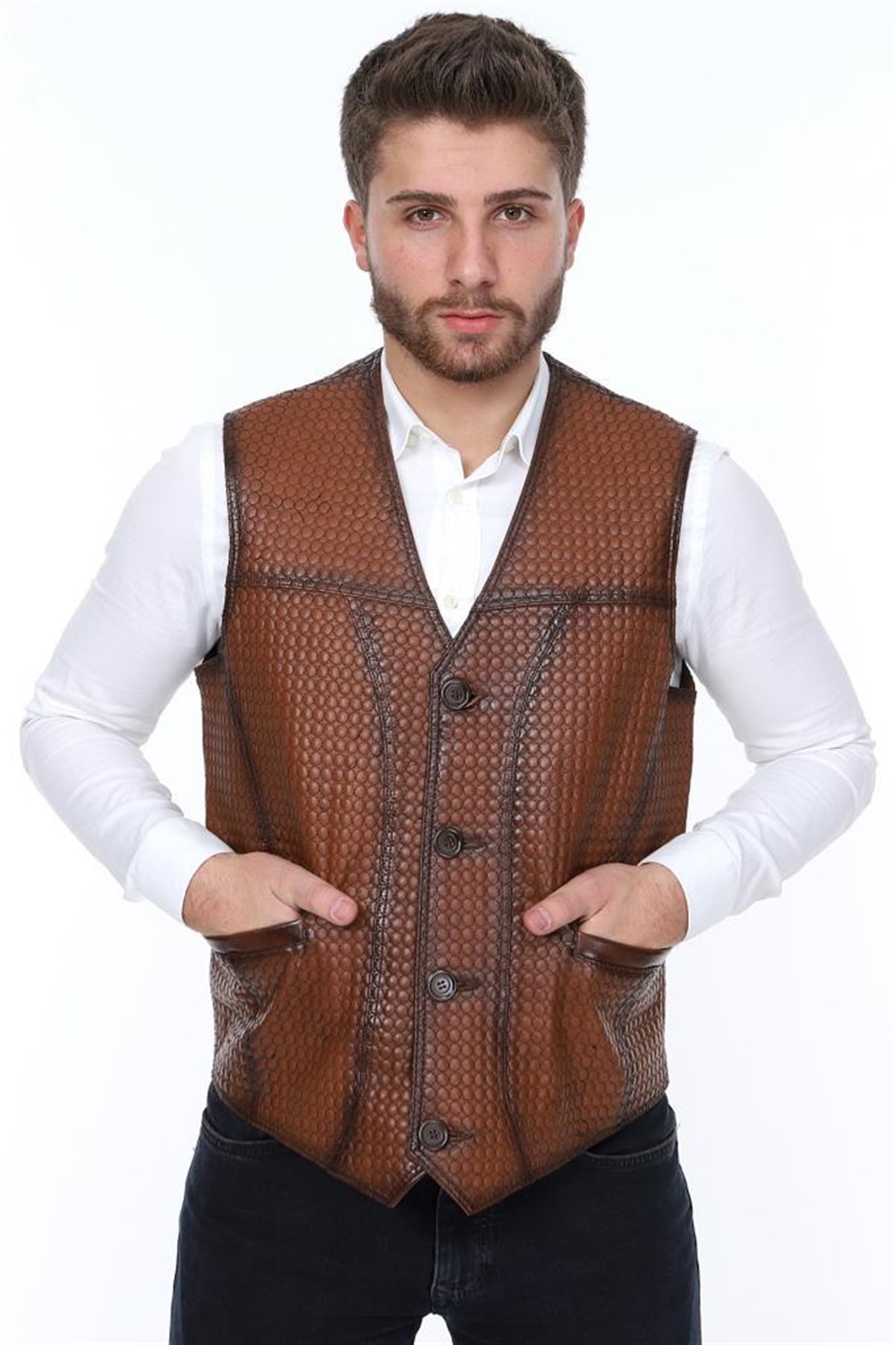 Hakiki Deri Kahverengi Eugenio Düğmeli Erkek Deri Yelek