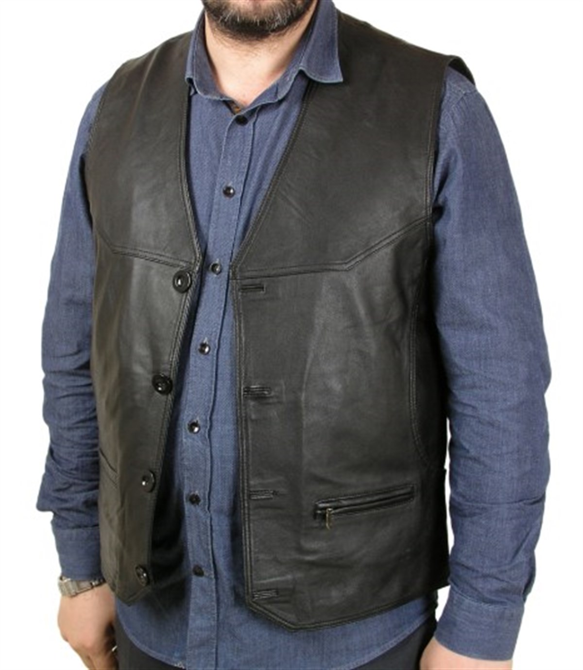 Hakiki Deri Siyah Neymar Düğmeli Erkek Deri Yelek