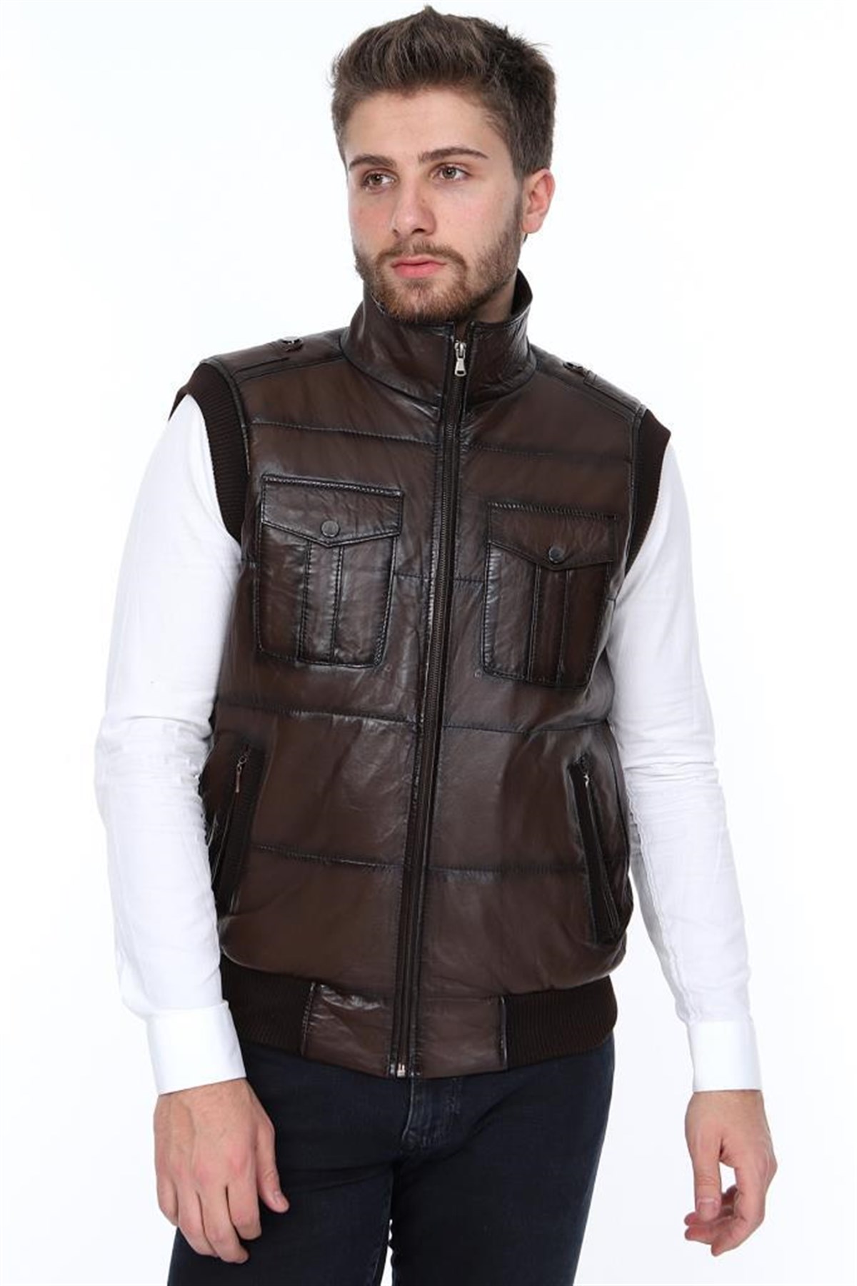 Hakiki Deri Kahverengi Frasco Lastikli Erkek Deri Yelek