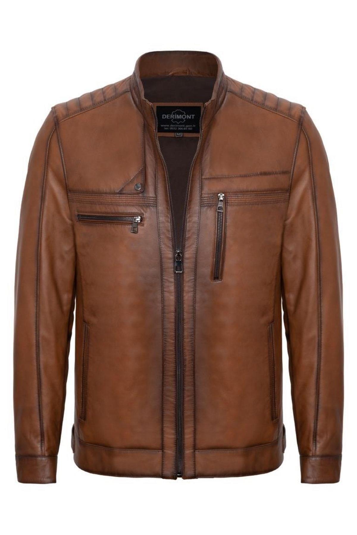 Hakiki Deri Taba Dört Cepli İşlemeli Erkek Deri Ceket