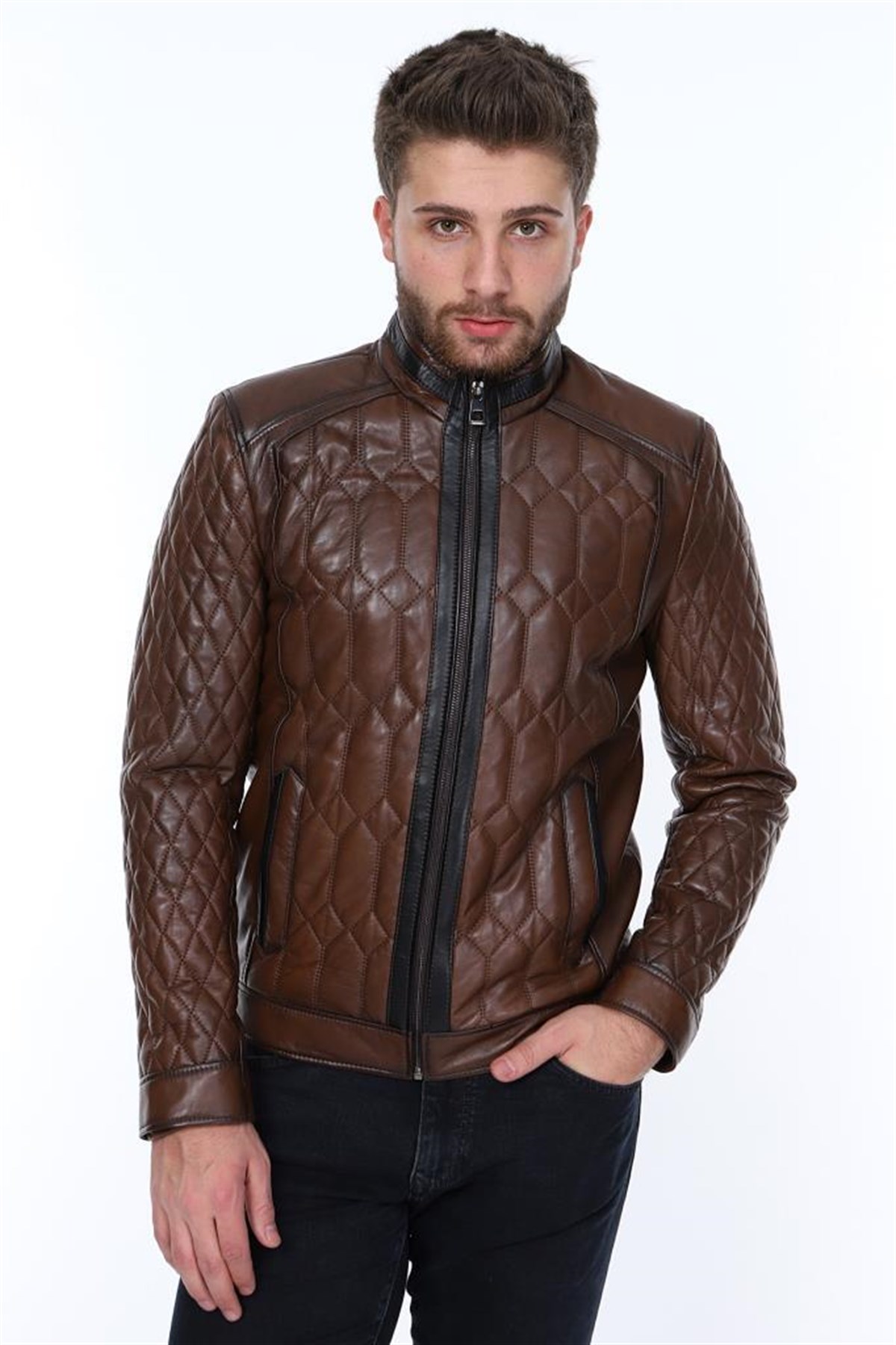 Hakiki Deri Kahverengi Hoodie İşlemeli Erkek Deri Ceket