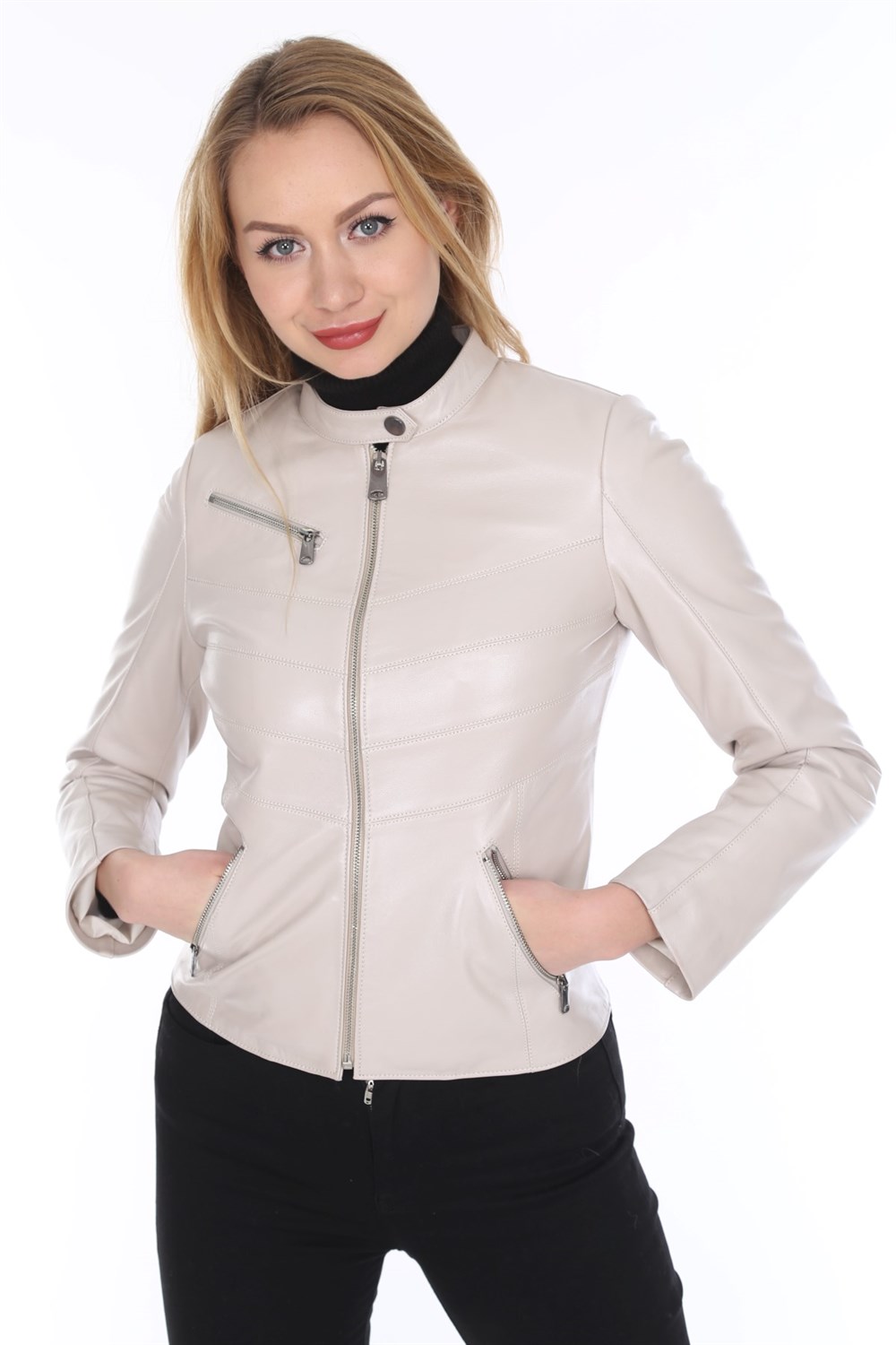 Kadın Deri Mont Beyaz Crafted