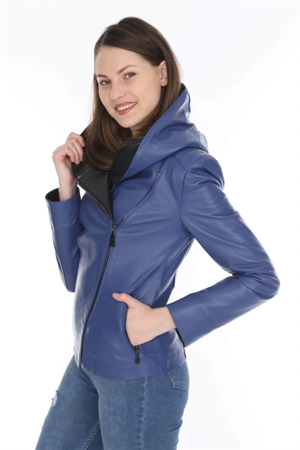 Kadın Deri Mont Kapşonlu Mavi Gloss | Deri Ceket Modelleri -  Dericeket.com.tr