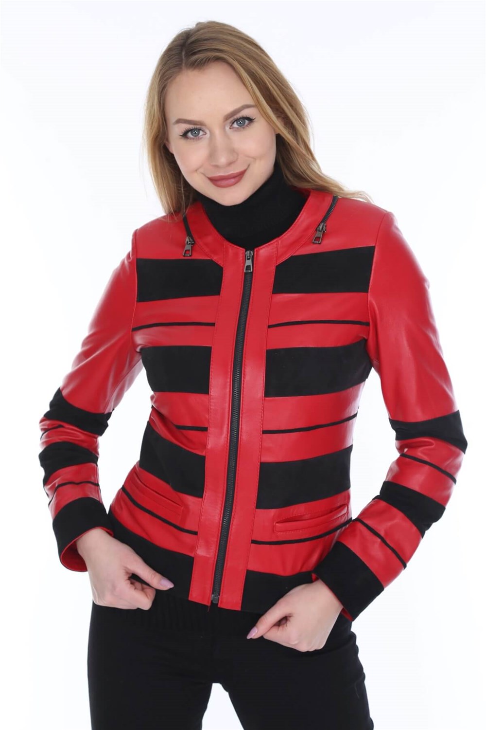 Kadın Deri Mont Kırmızı Siyah Çizgili | Deri Ceket Modelleri - Dericeket .com.tr