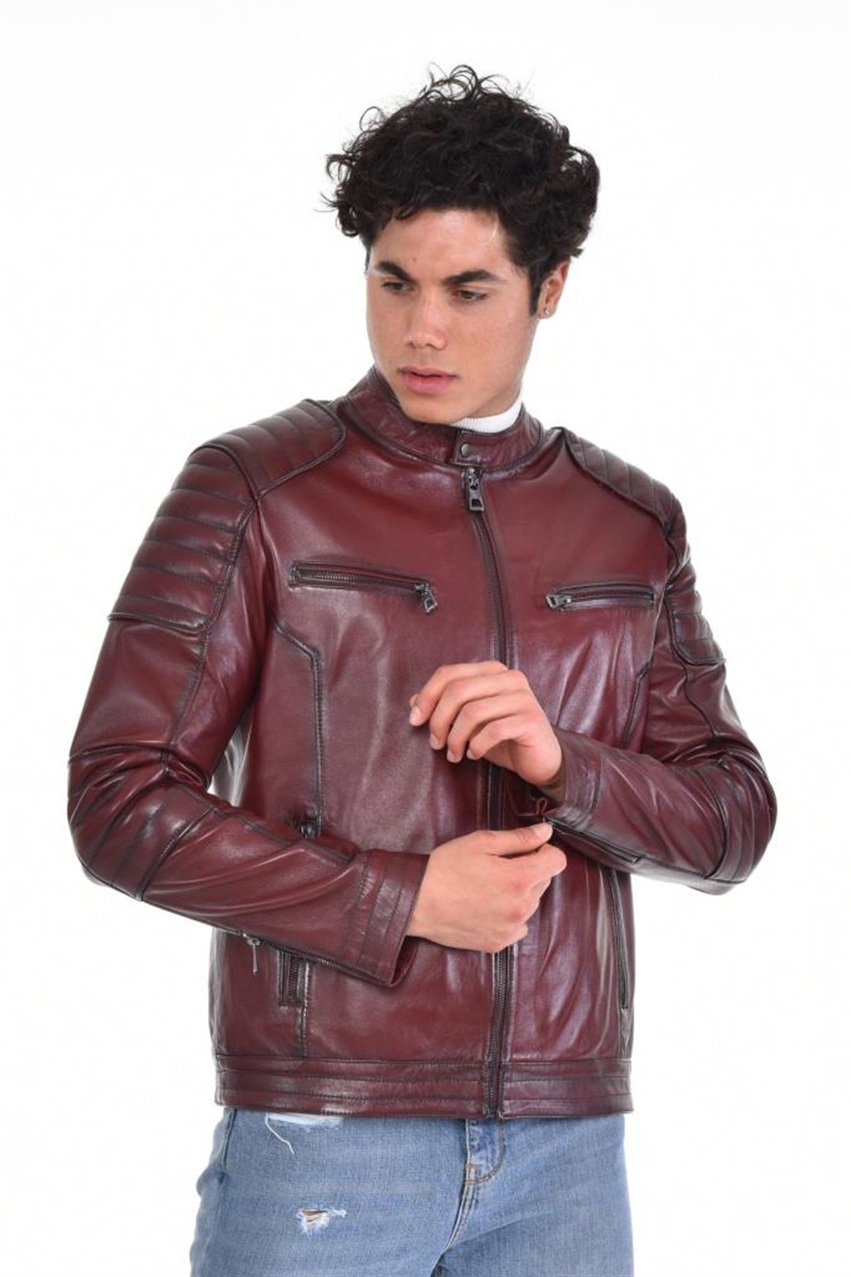 Kahverengi Motorcu Dört Cepli  Hakiki Erkek Deri Mont, Hakiki Kuzu Deri Ceket