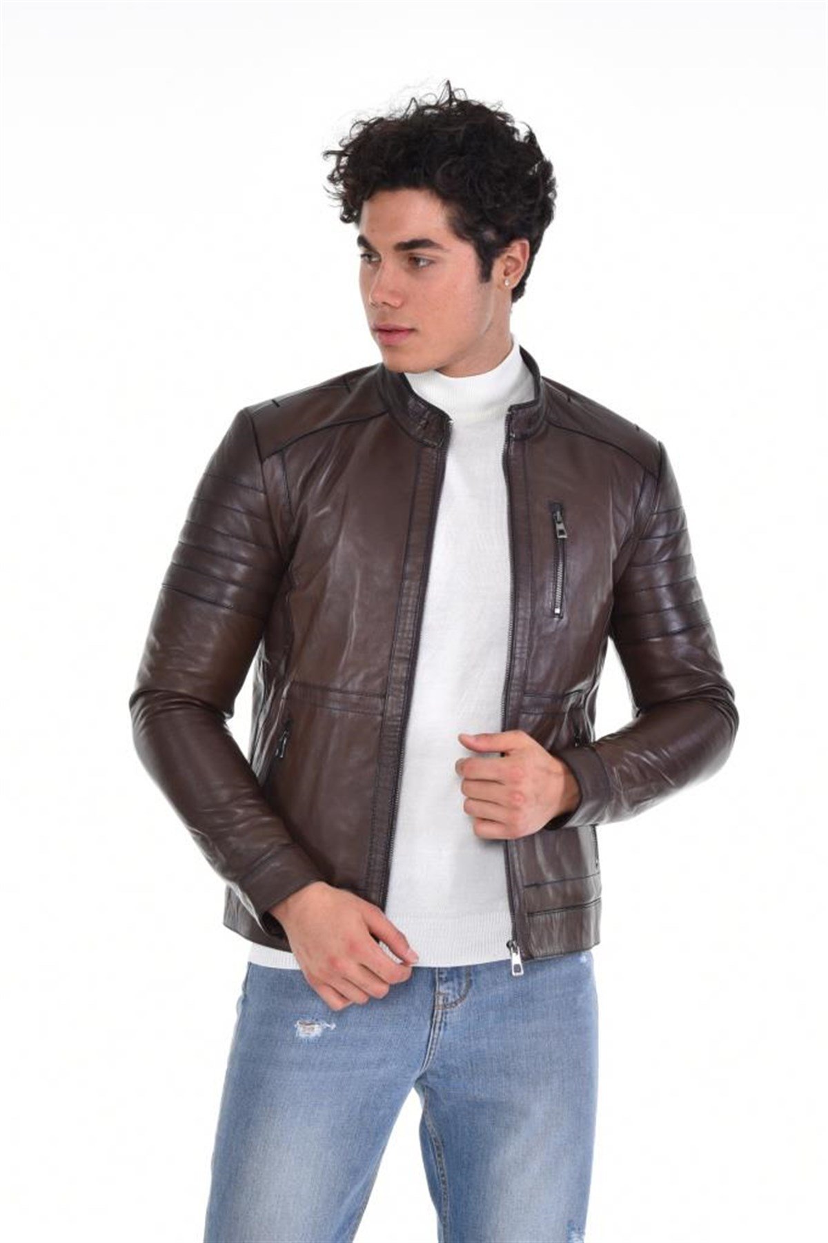 Kahverengi Üç Cepli Hakim Yaka Hakiki Erkek Deri Mont, Hakiki Kuzu Deri Ceket