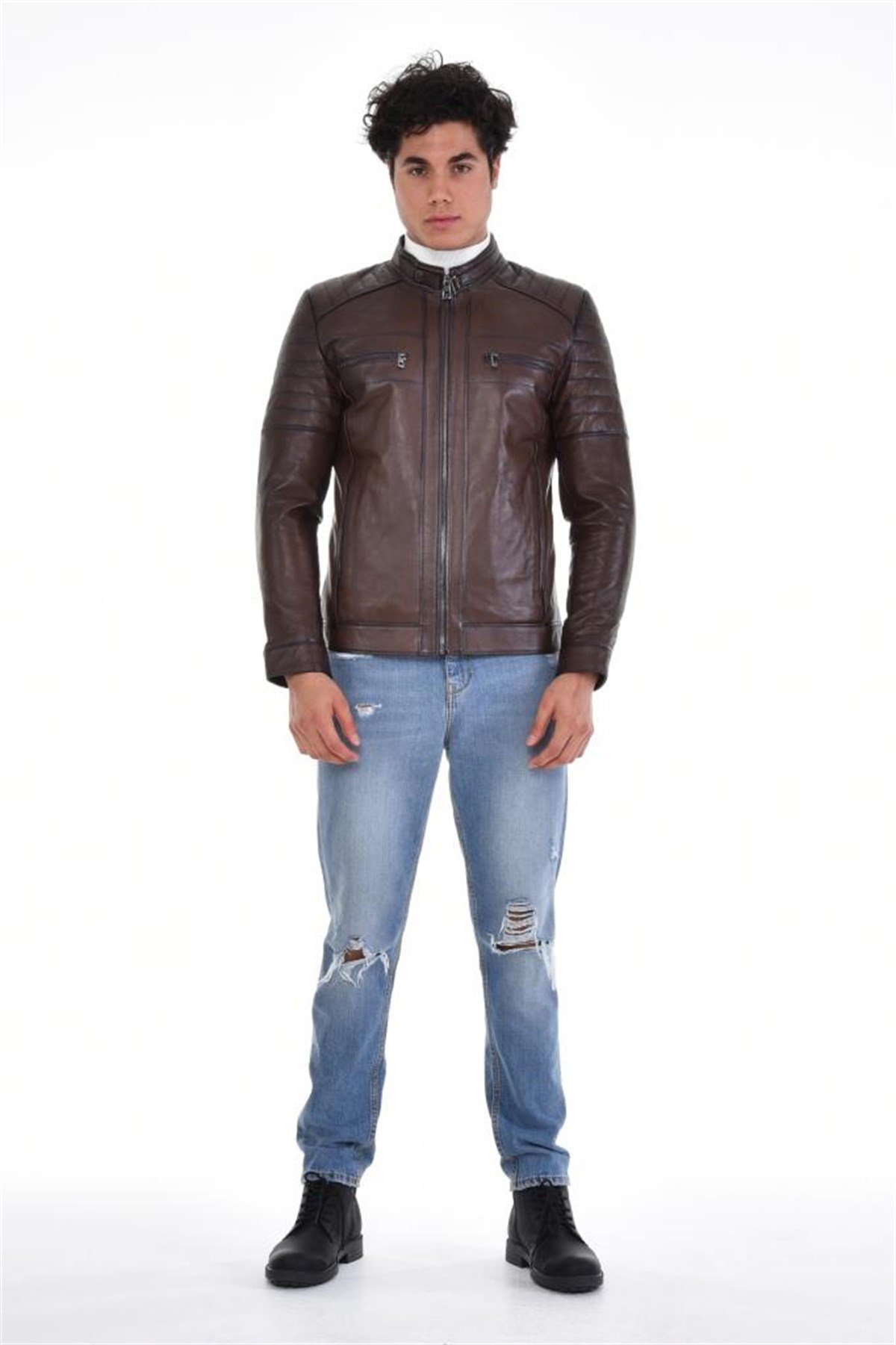 Kahverengi Üst Cift Cepli Hakim Yaka Hakiki Erkek Deri Mont, Hakiki Kuzu Deri Ceket