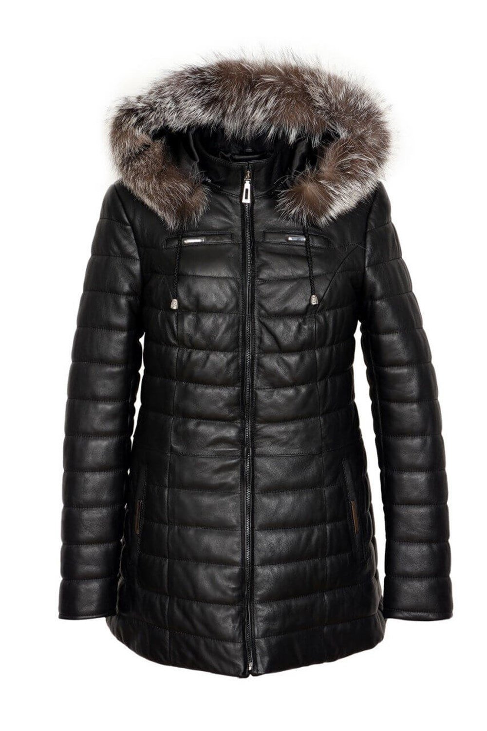 Kapşonlu Şişme Bayan Deri Mont Orjinal Kürklü Yaka