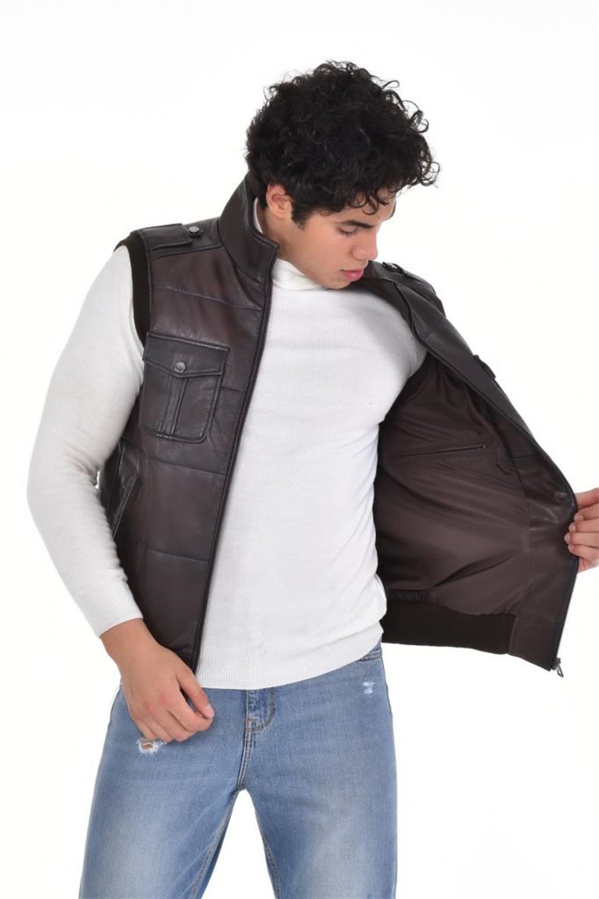 Koyu Kahverengi Dört Cepli Kapaklı  Yelek Hakiki Erkek Deri Mont, Hakiki Kuzu Deri Ceket