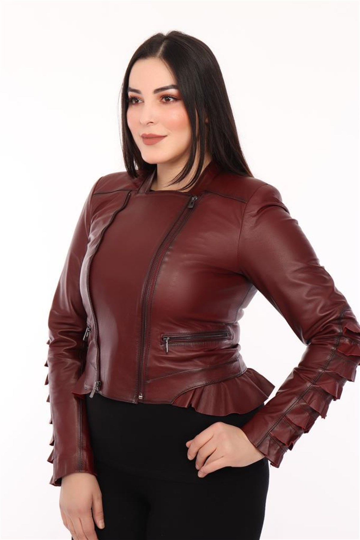 Hakiki Kuzu Derisi Bordo Fırfırlı Kadın Ceket