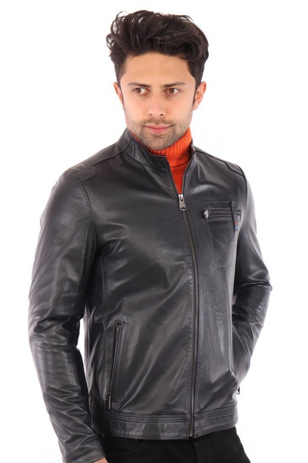 Hakiki Deri Siyah Erkek Deri Mont Üç Cepli Deri Ceket