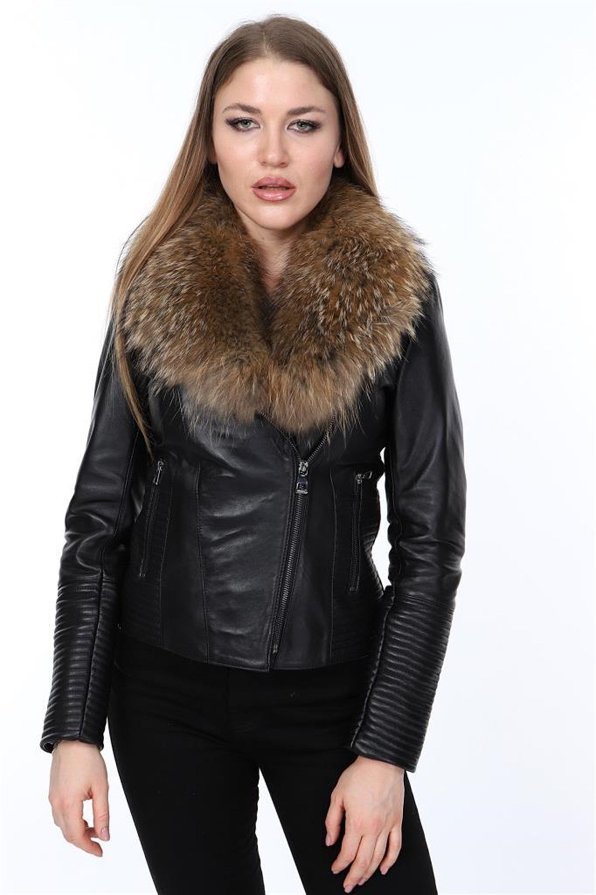 Hakiki Deri Siyah Kürklü New Bosh Kadın Ceket