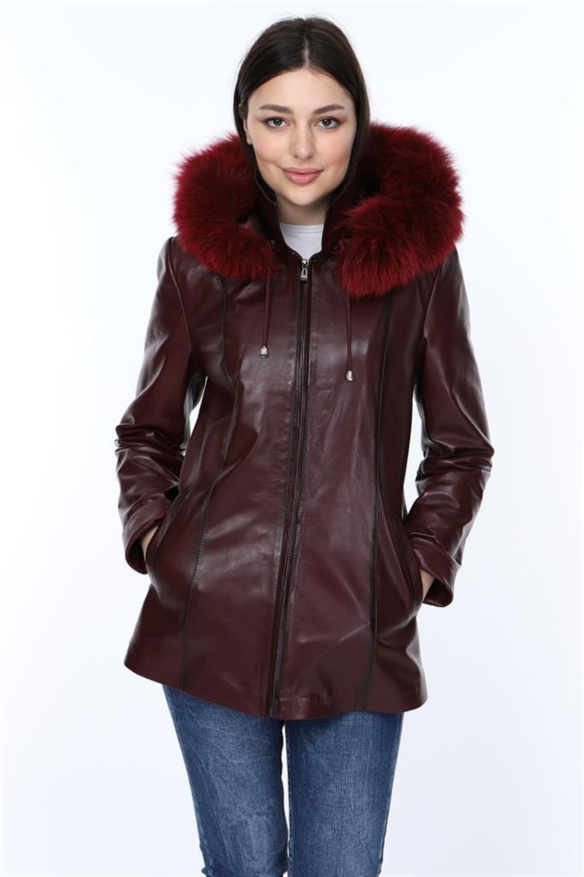 Hakiki Deri Bordo Parkson Kürklü Kadın Ceket