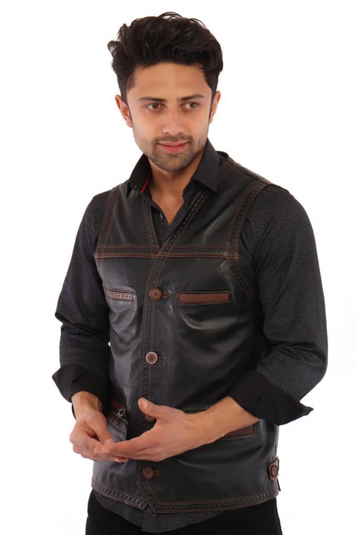 Hakiki Deri Kahverengi Piero Düğmeli Erkek Deri Yelek