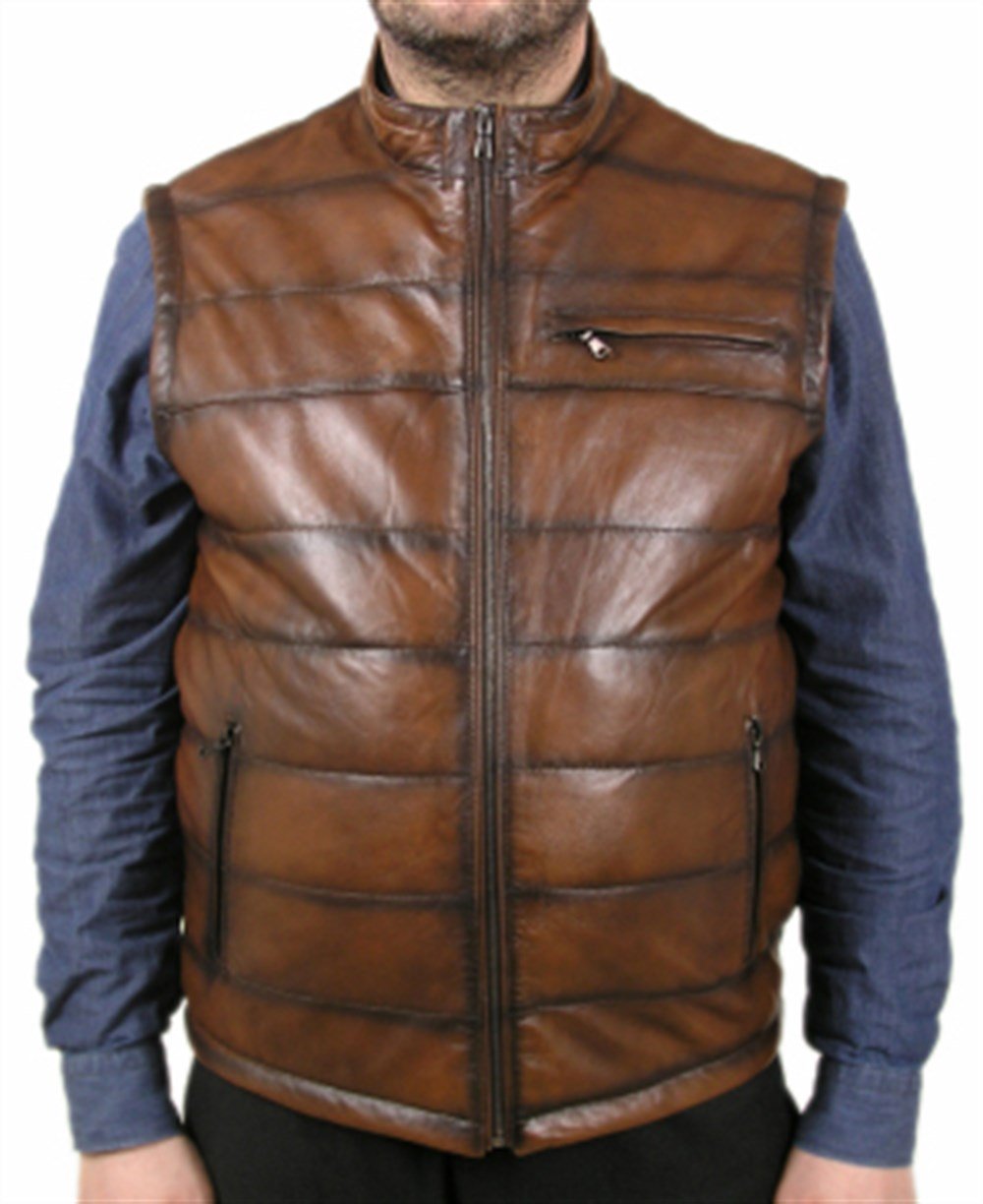 Şişme Spor Erkek Deri Yelek Taba Kombinasyon