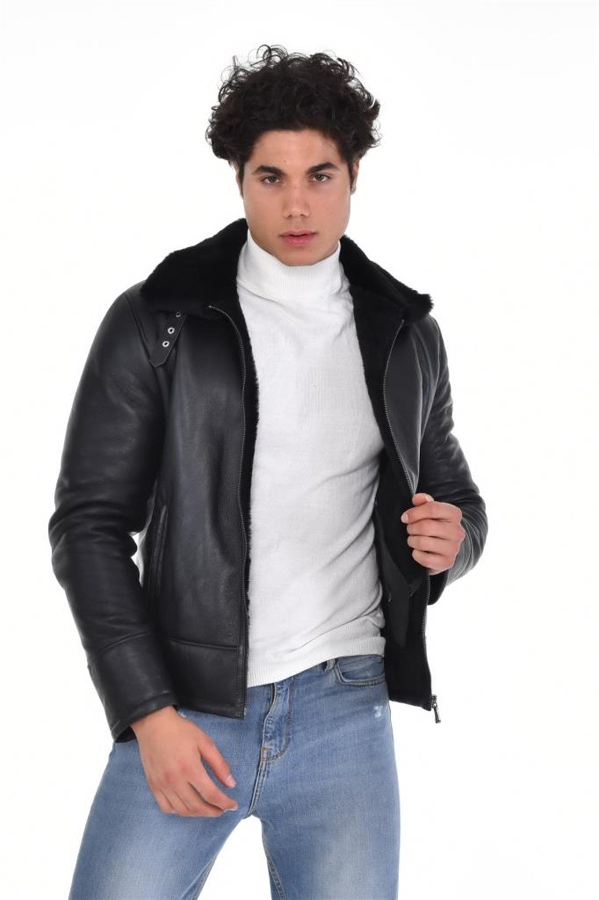 Siyah Düz Çift Cepli Kürk Yakalı  Hakiki Erkek Deri Mont, Hakiki Kuzu Deri Ceket