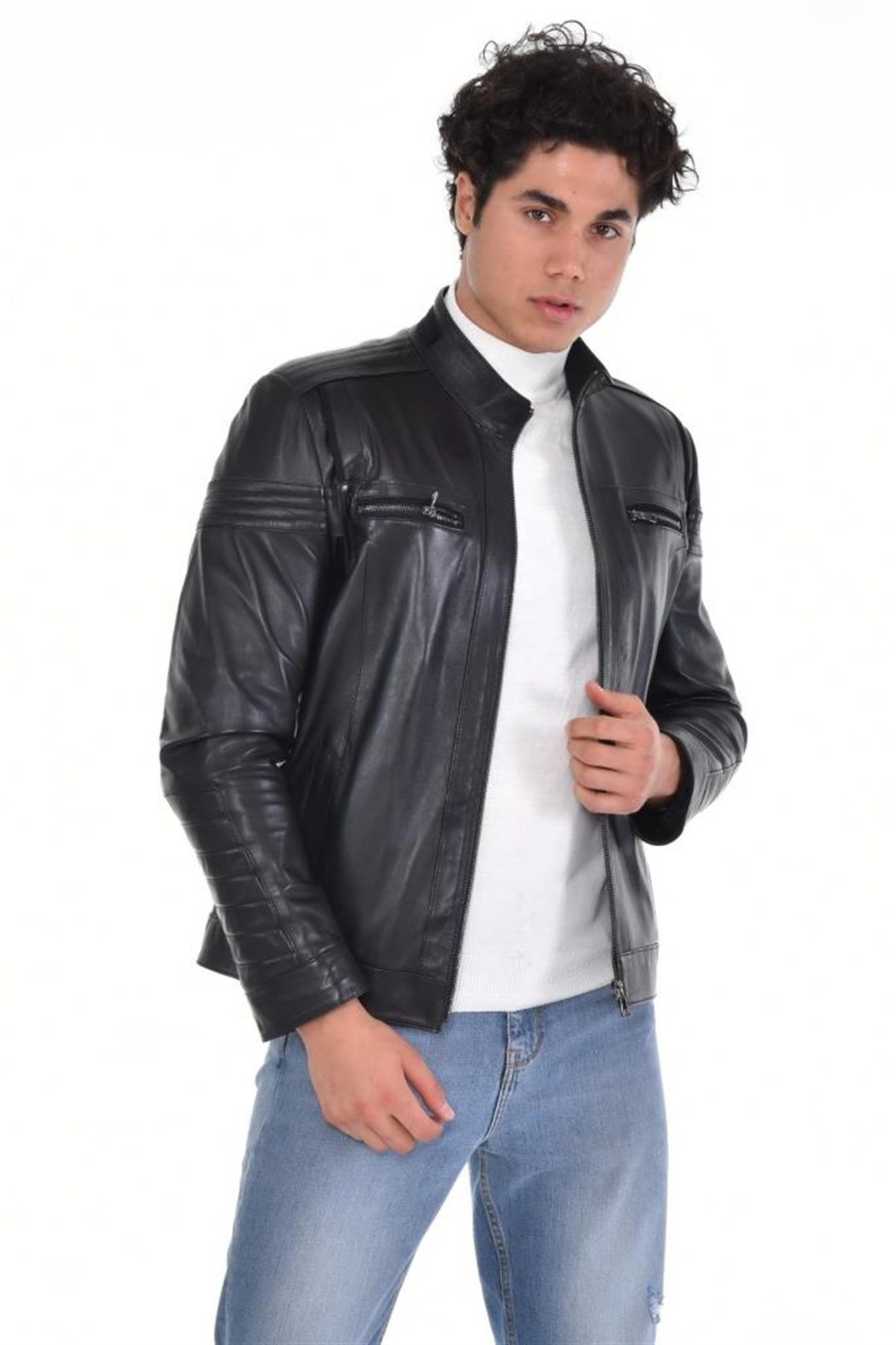 Siyah Omuz Yatay Motifli Hakiki Erkek Deri Mont, Hakiki Kuzu Deri Ceket