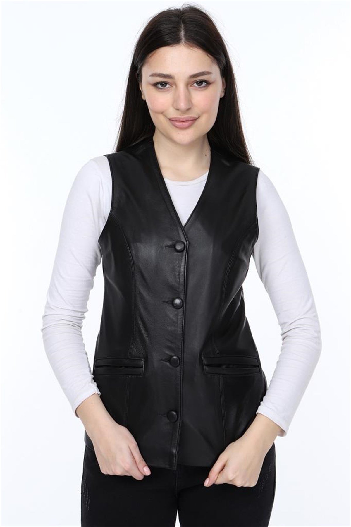 Hakiki Deri Siyah Tiago Düğmeli Kadın Deri Yelek