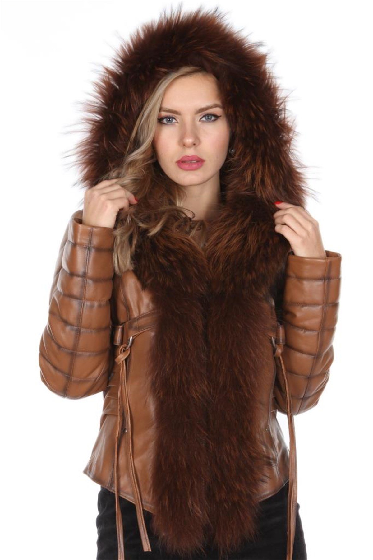 Hakiki Deri Kahverengi İpli Kürklü Kadın Ceket