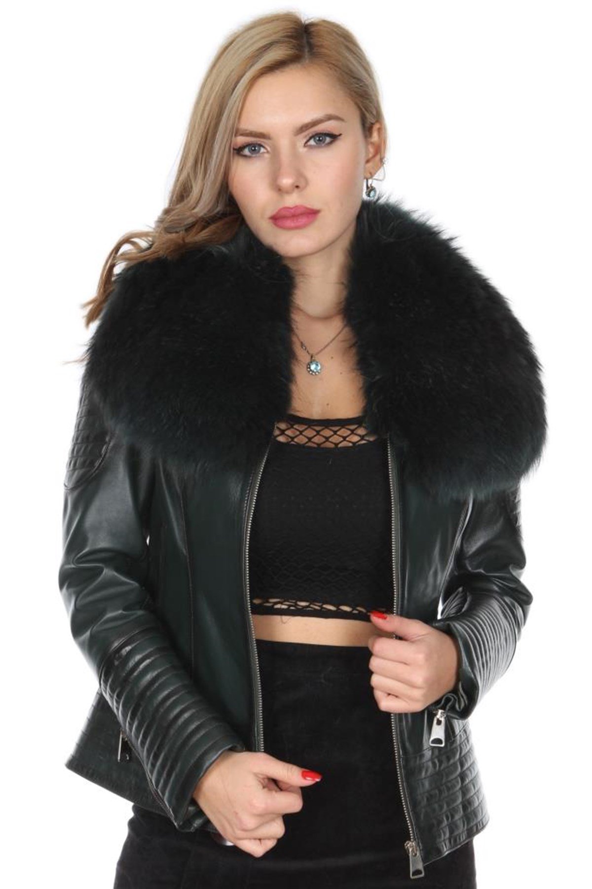 Hakiki Deri Siyah Yaka Kürklü Omuz İşlemeli Kadın Deri Mont
