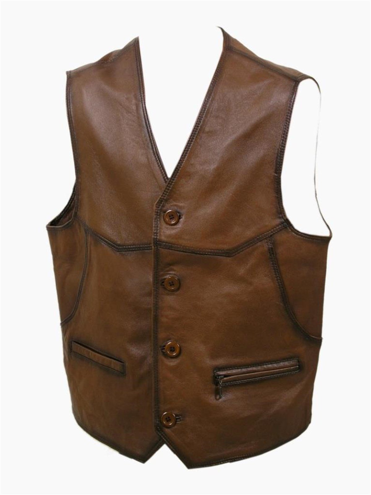 Hakiki Deri Kahverengi Titan Düğmeli Erkek Deri Yelek