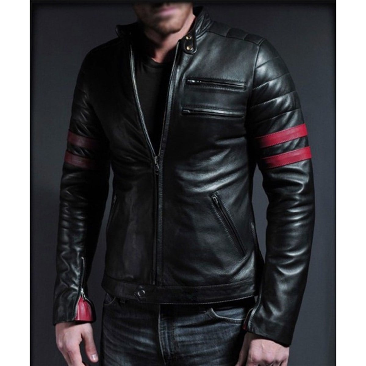 Hakiki Deri Siyah Tori Fermuarlı Erkek Deri Ceket