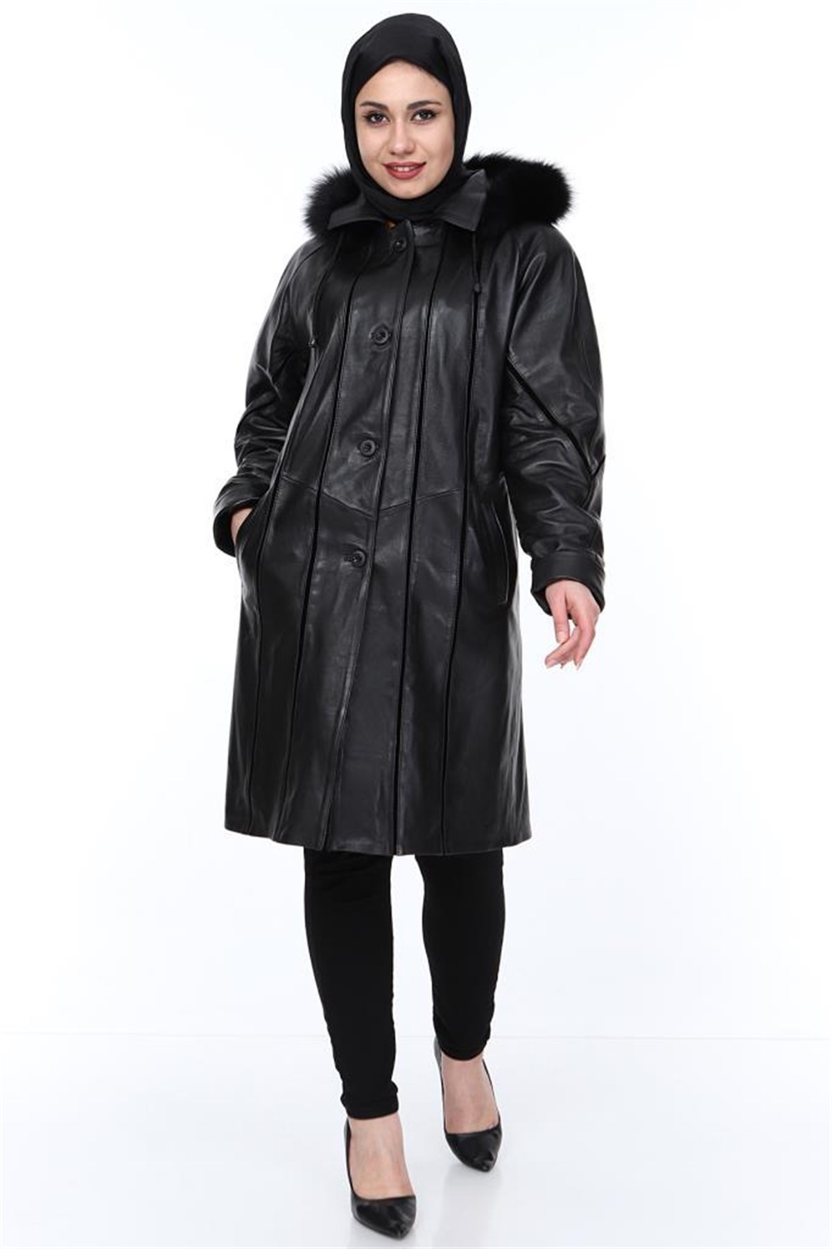 Hakiki Deri Siyah Kürklü Uzun Kadın Ceket