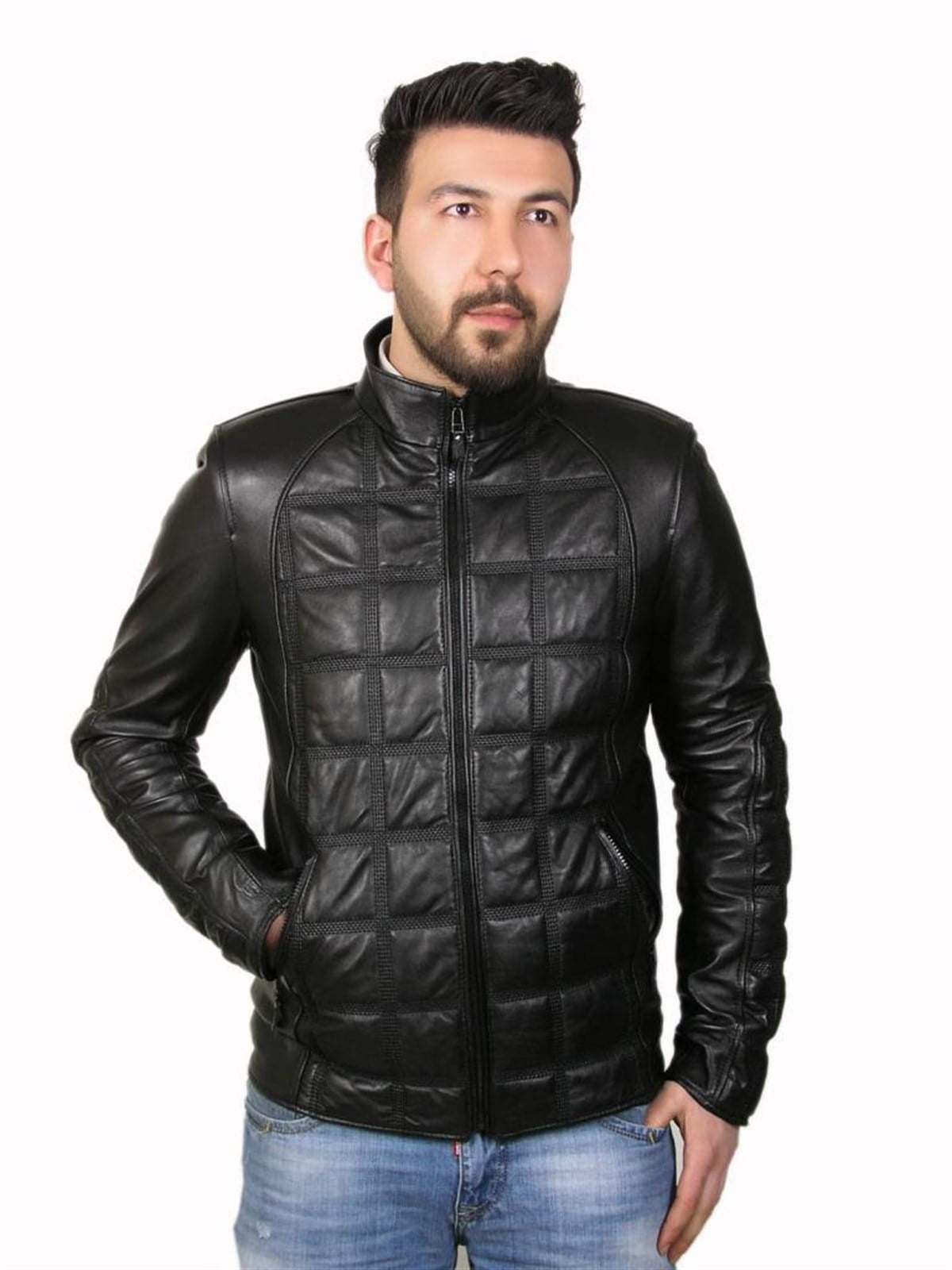 Hakiki Deri Siyah Önü İşlemeli Fermuarlı Erkek Deri Ceket