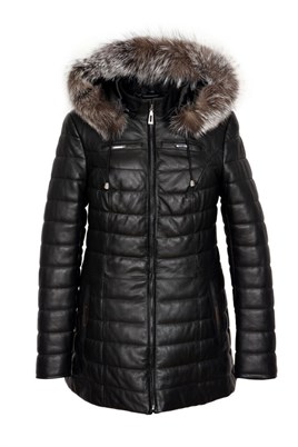 Kapşonlu Şişme Bayan Deri Mont Orjinal Kürklü Yaka